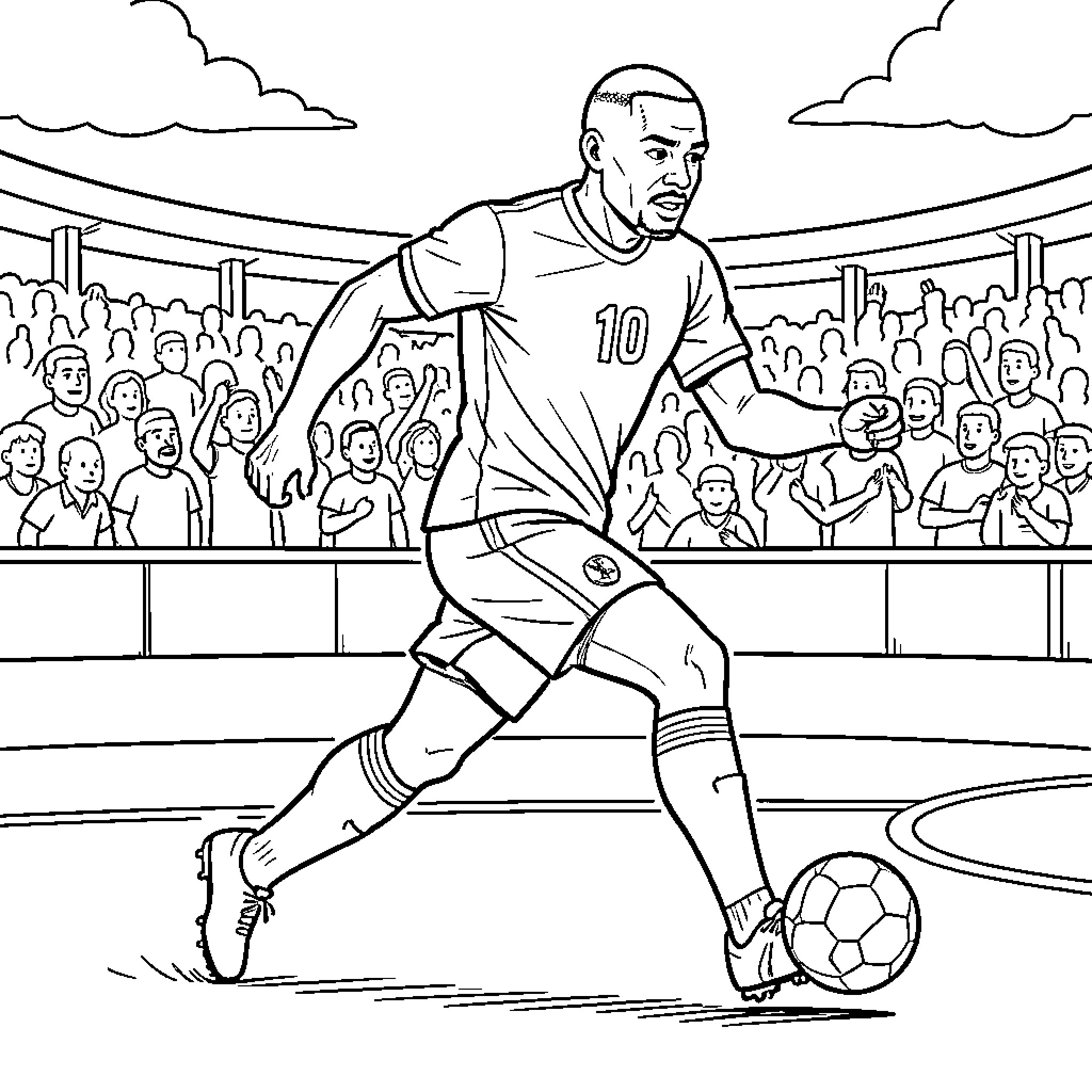 Didier Drogba dribbling a soccer ball in a stadium Coloring Page (free black-and-white line drawing printable PDF for all, from beginners to advanced learners, including children, teens, adults, and seniors)
