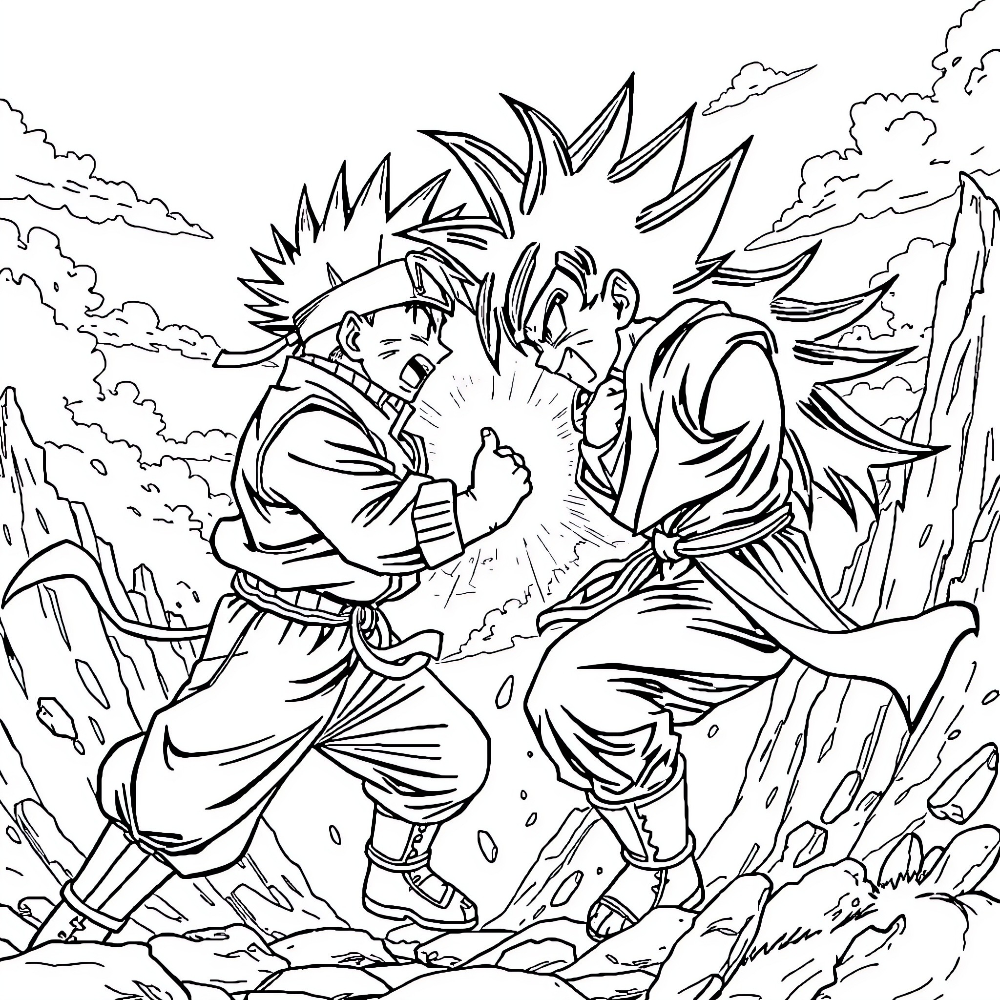 Naruto characters engaged in a fierce battle Coloring Page (free black-and-white line drawing printable PDF for all, from beginners to advanced learners, including children, teens, adults, and seniors)
