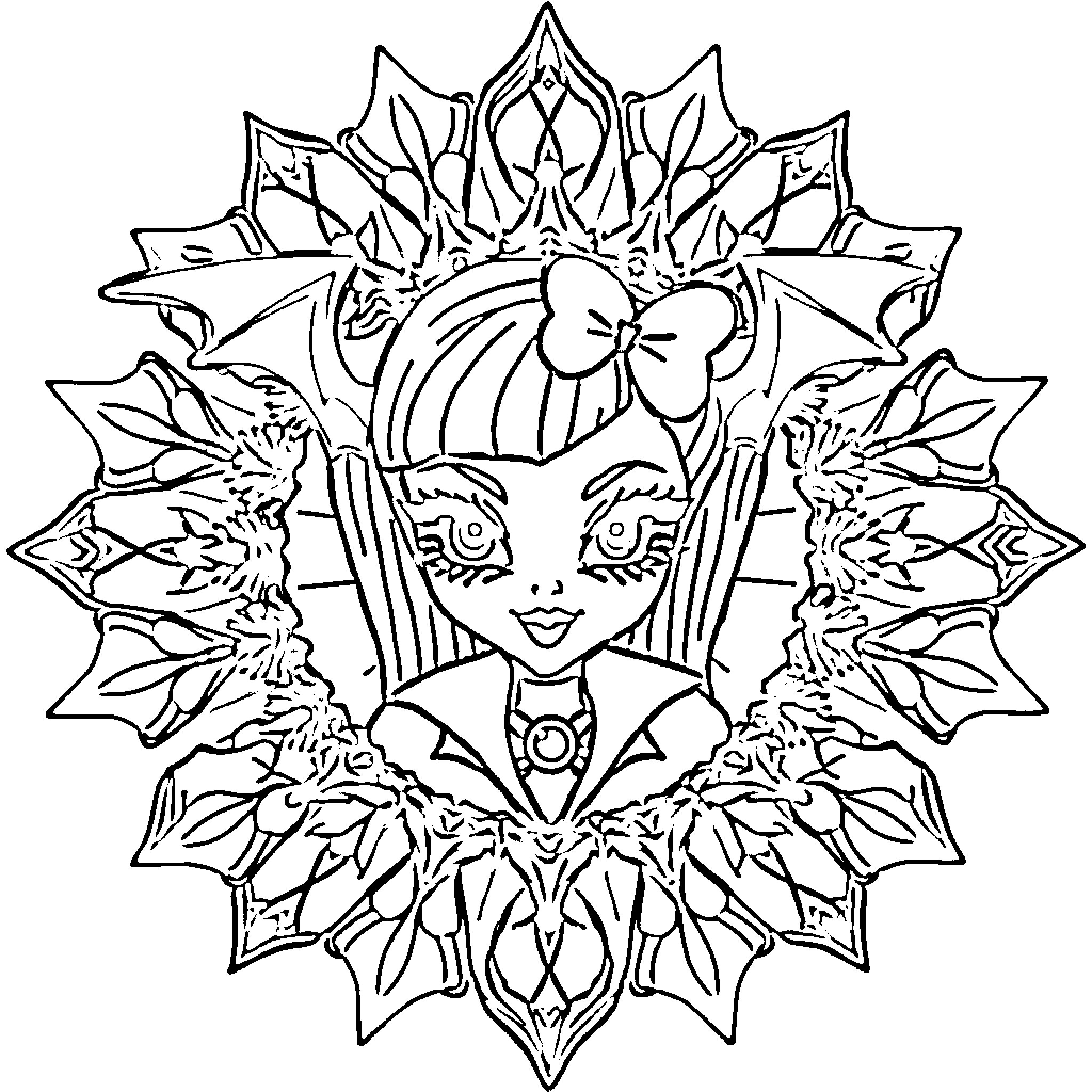 Draculaura's Ornate Floral Crown Coloring Page (free black-and-white line drawing printable PDF for all, from beginners to advanced learners, including children, teens, adults, and seniors)