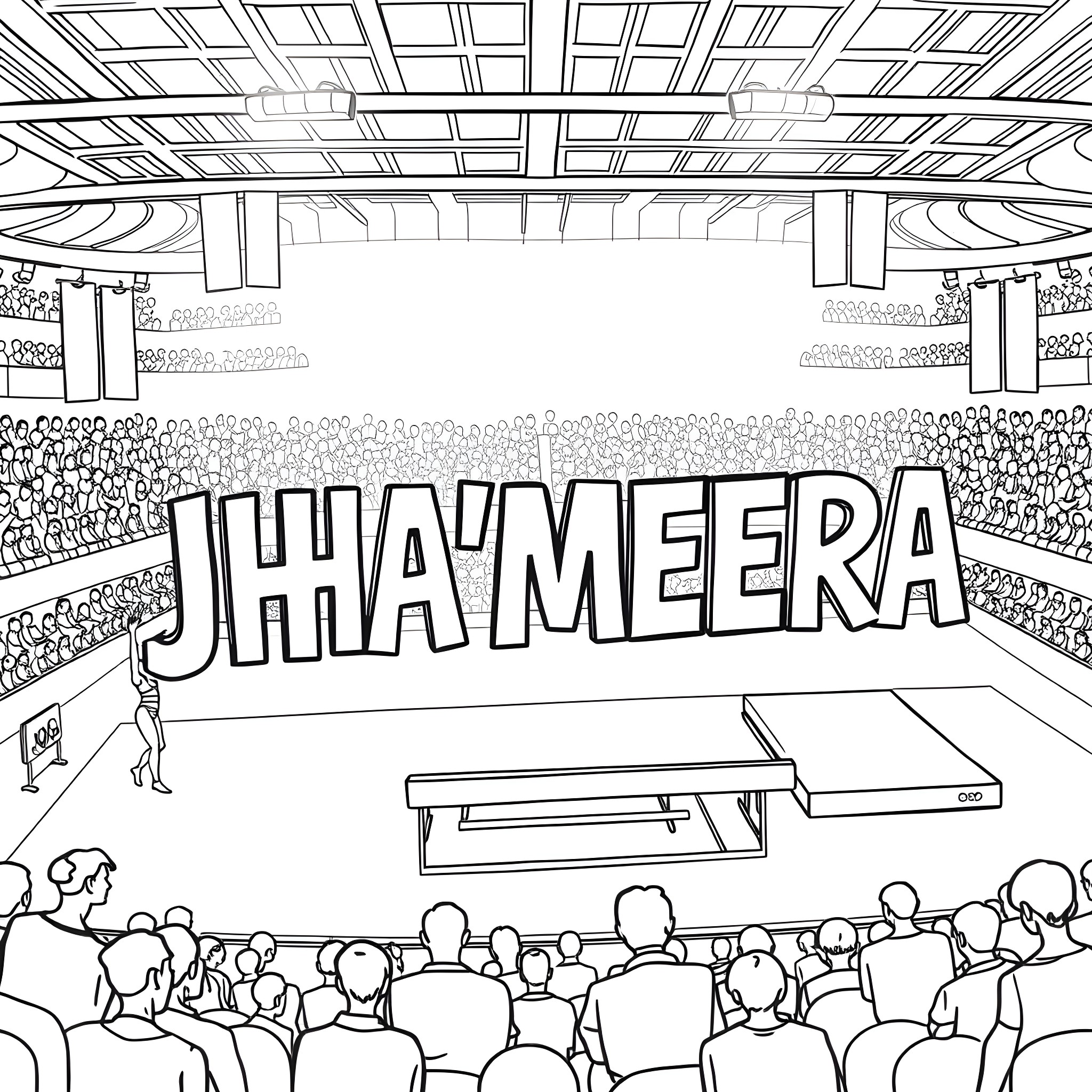 Jha'Meera performing on stage before a crowd Coloring Page (free black-and-white line drawing printable PDF for all, from beginners to advanced learners, including children, teens, adults, and seniors)