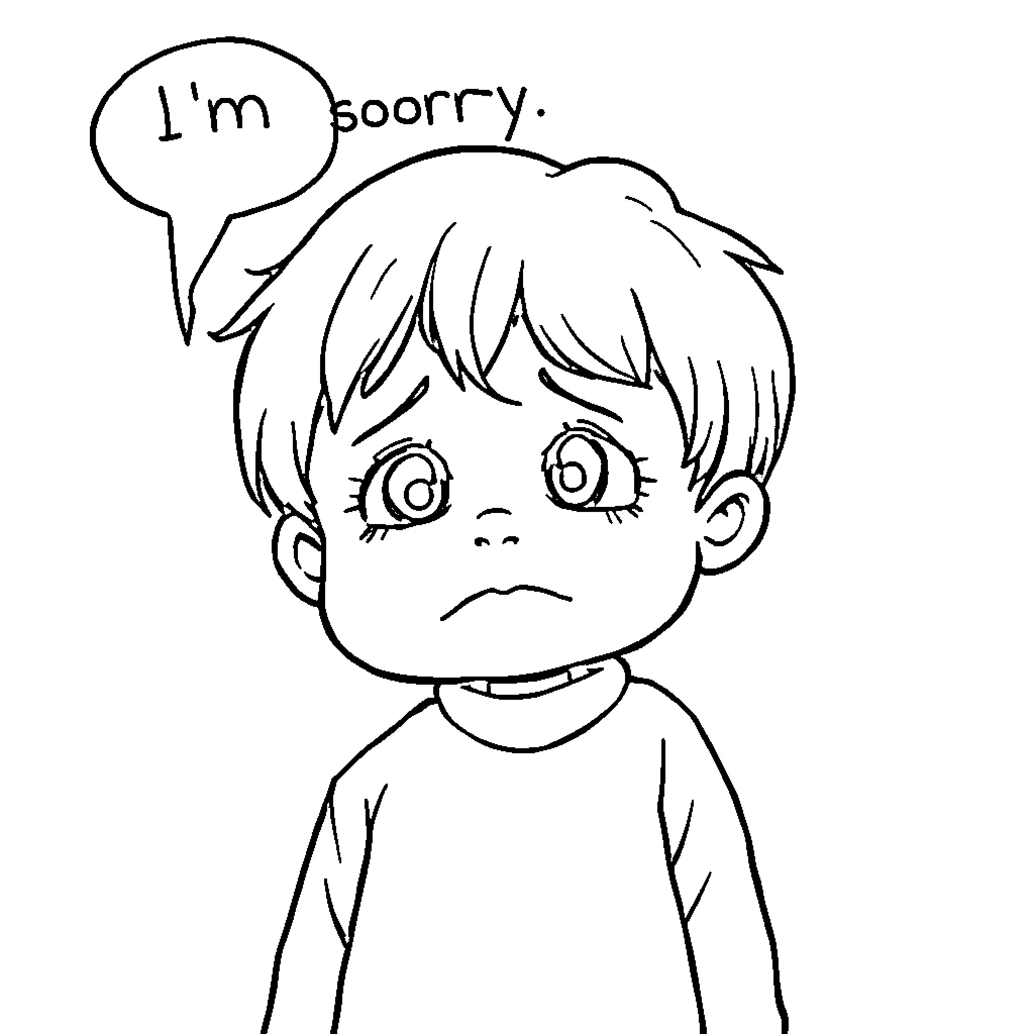Sorry, boy apologizing with speech bubble Coloring Page (free black-and-white line drawing printable PDF for all, from beginners to advanced learners, including children, teens, adults, and seniors)