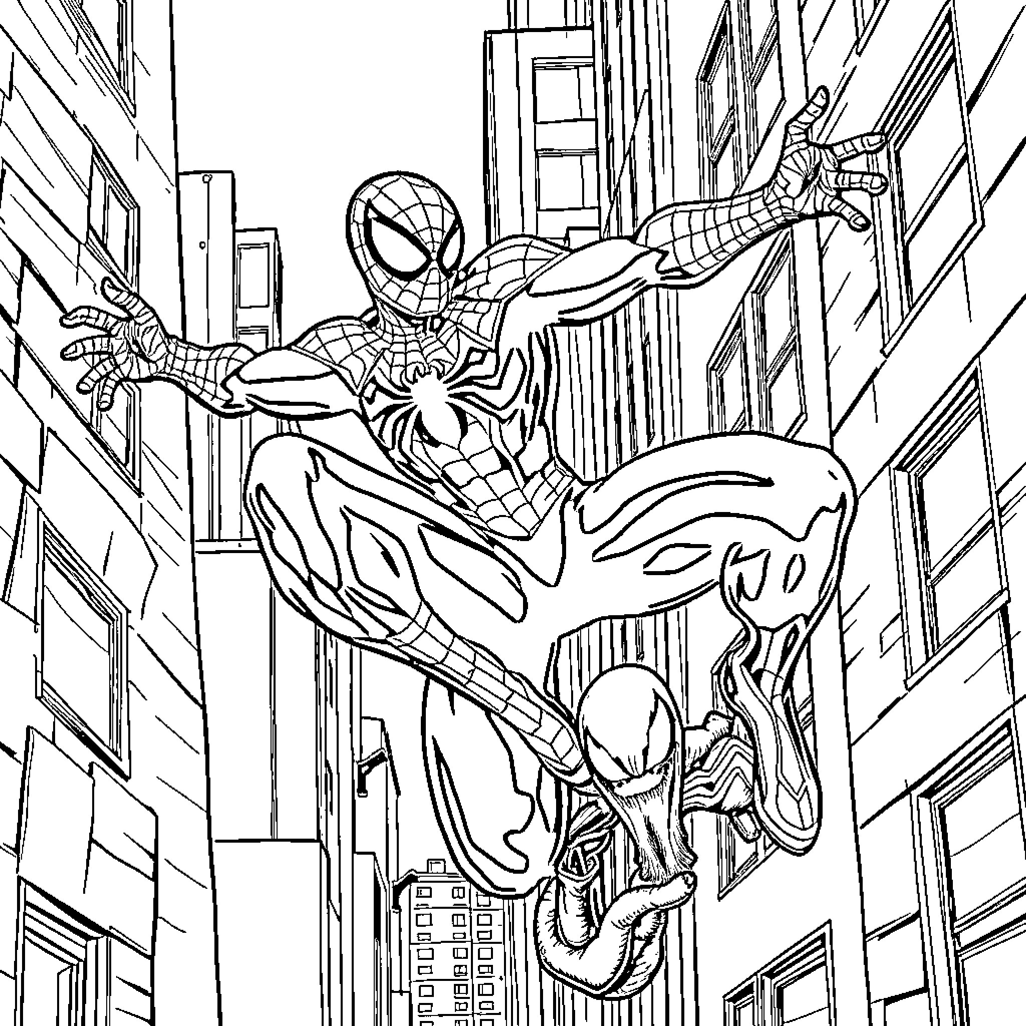 Spider-Man swinging heroically through city streets Coloring Page (free black-and-white line drawing printable PDF for all, from beginners to advanced learners, including children, teens, adults, and seniors)
