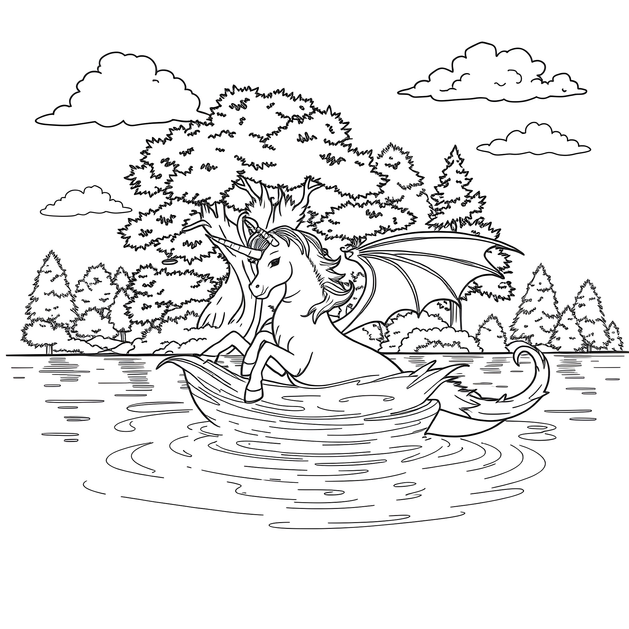 Unicorn Sailing on a Peaceful Lake Coloring Page (free black-and-white line drawing printable PDF for all, from beginners to advanced learners, including children, teens, adults, and seniors)