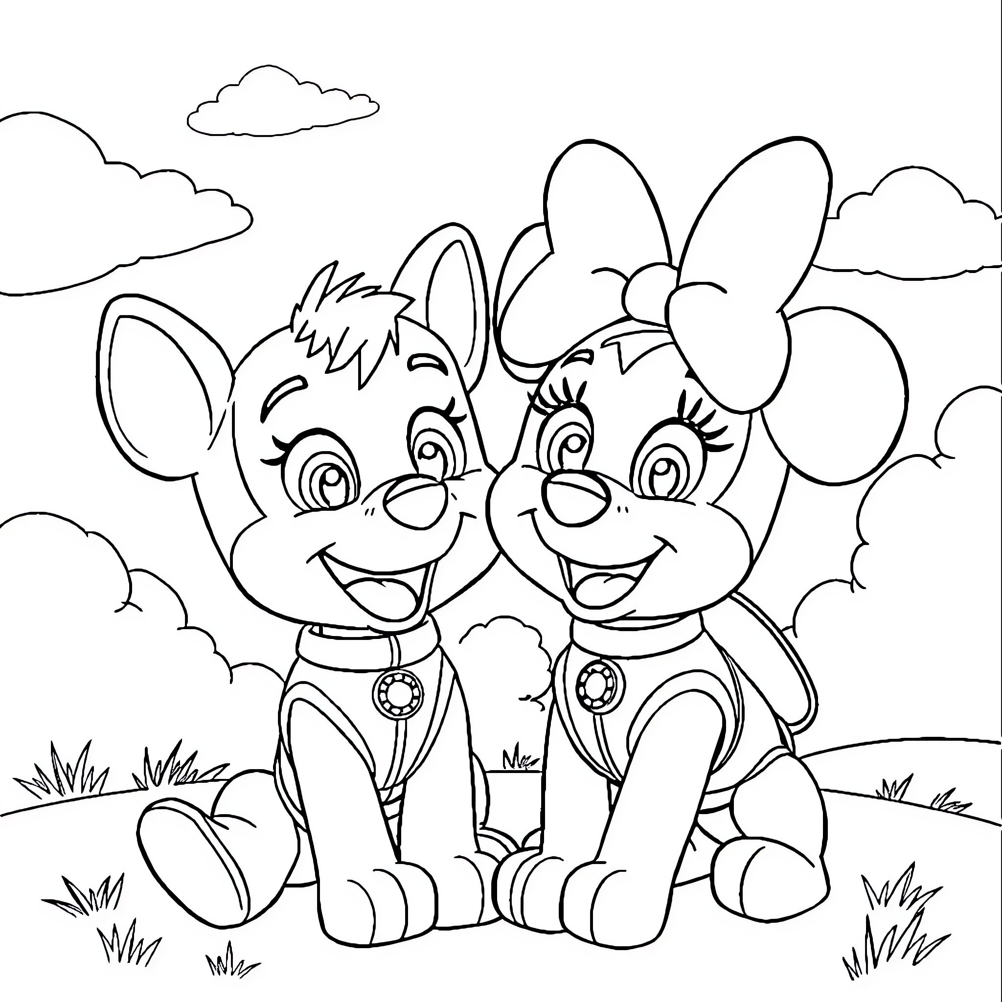 Paw Patrol Puppies Enjoying the Outdoors Coloring Page (free black-and-white line drawing printable PDF for all, from beginners to advanced learners, including children, teens, adults, and seniors)