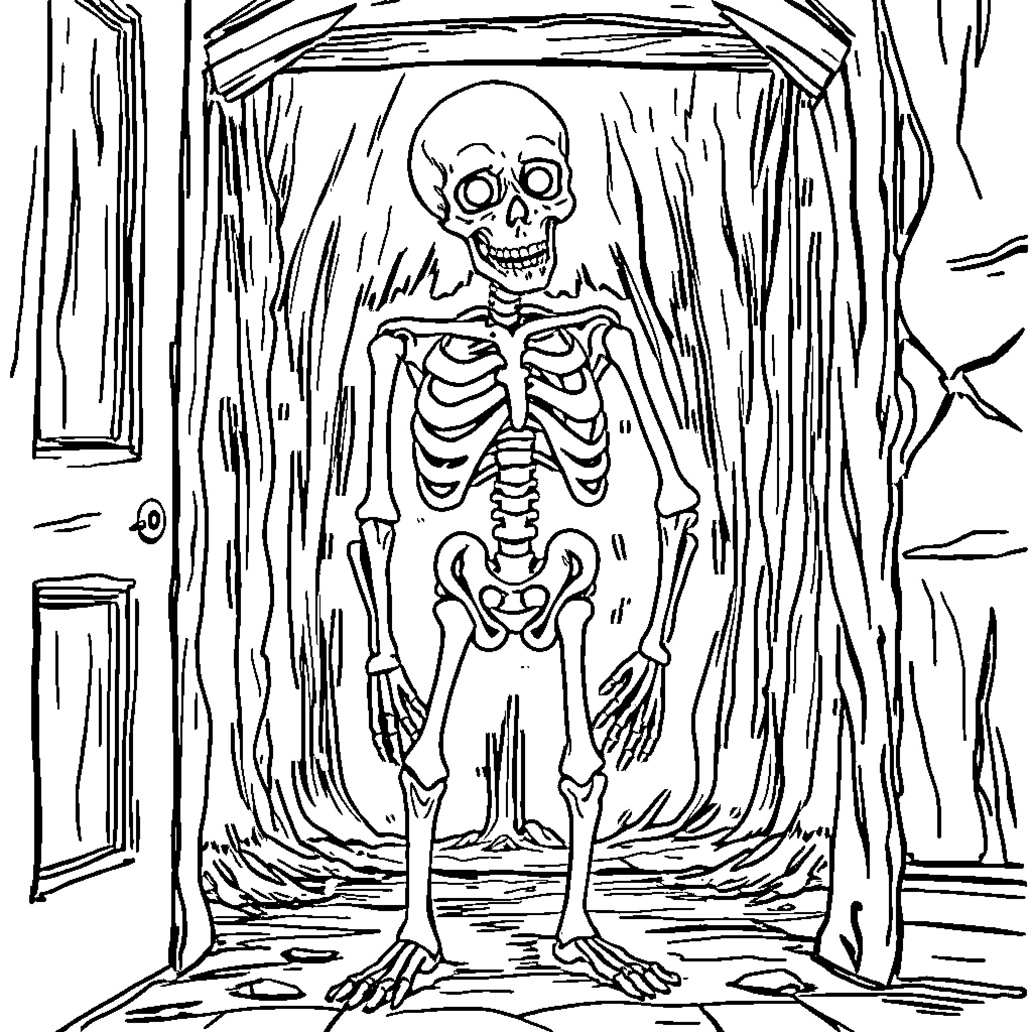 Skeleton in a Spooky Doorway Coloring Page (free black-and-white line drawing printable PDF for all, from beginners to advanced learners, including children, teens, adults, and seniors)