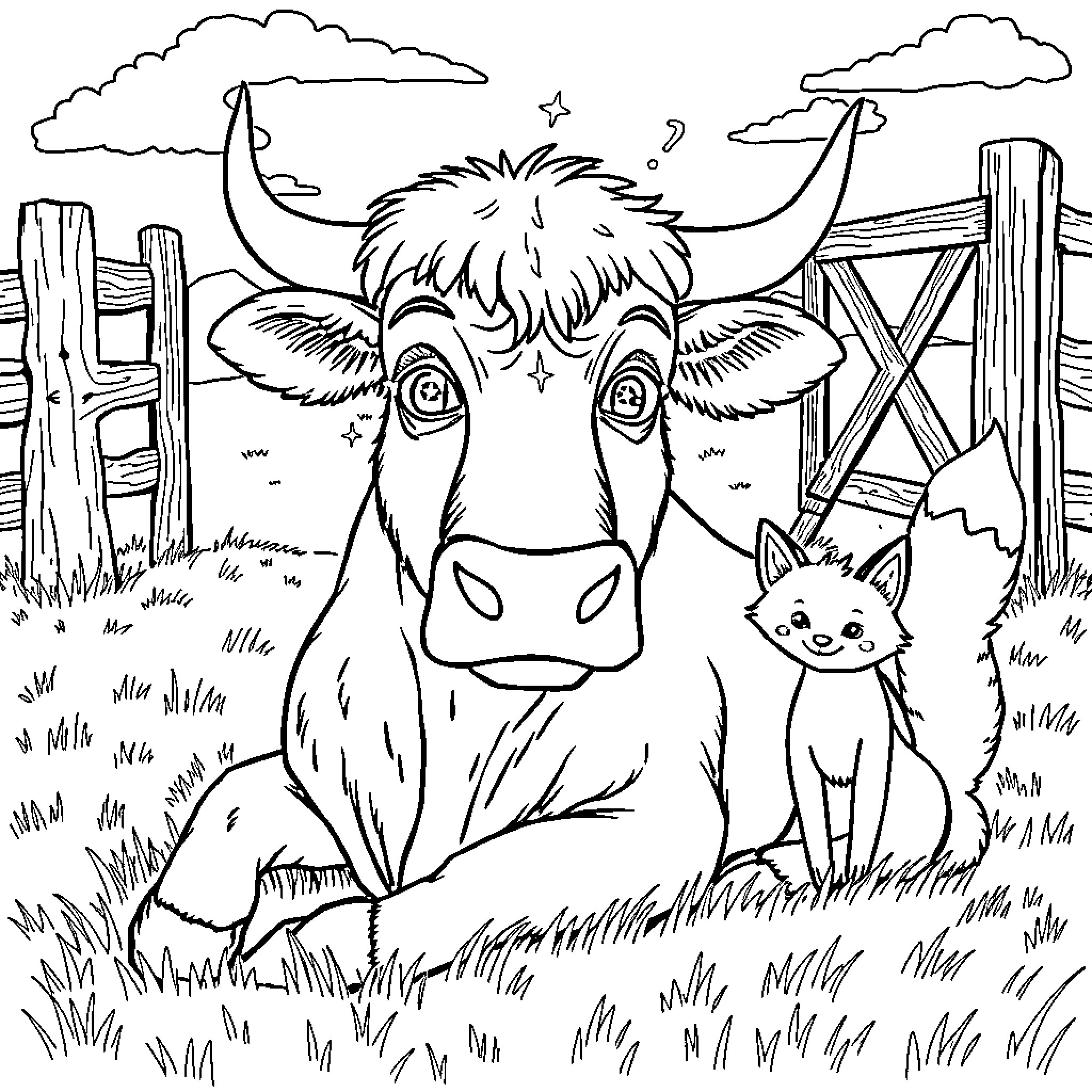 Bull and Kitten in Rural Farm Landscape Coloring Page (free black-and-white line drawing printable PDF for all, from beginners to advanced learners, including children, teens, adults, and seniors)