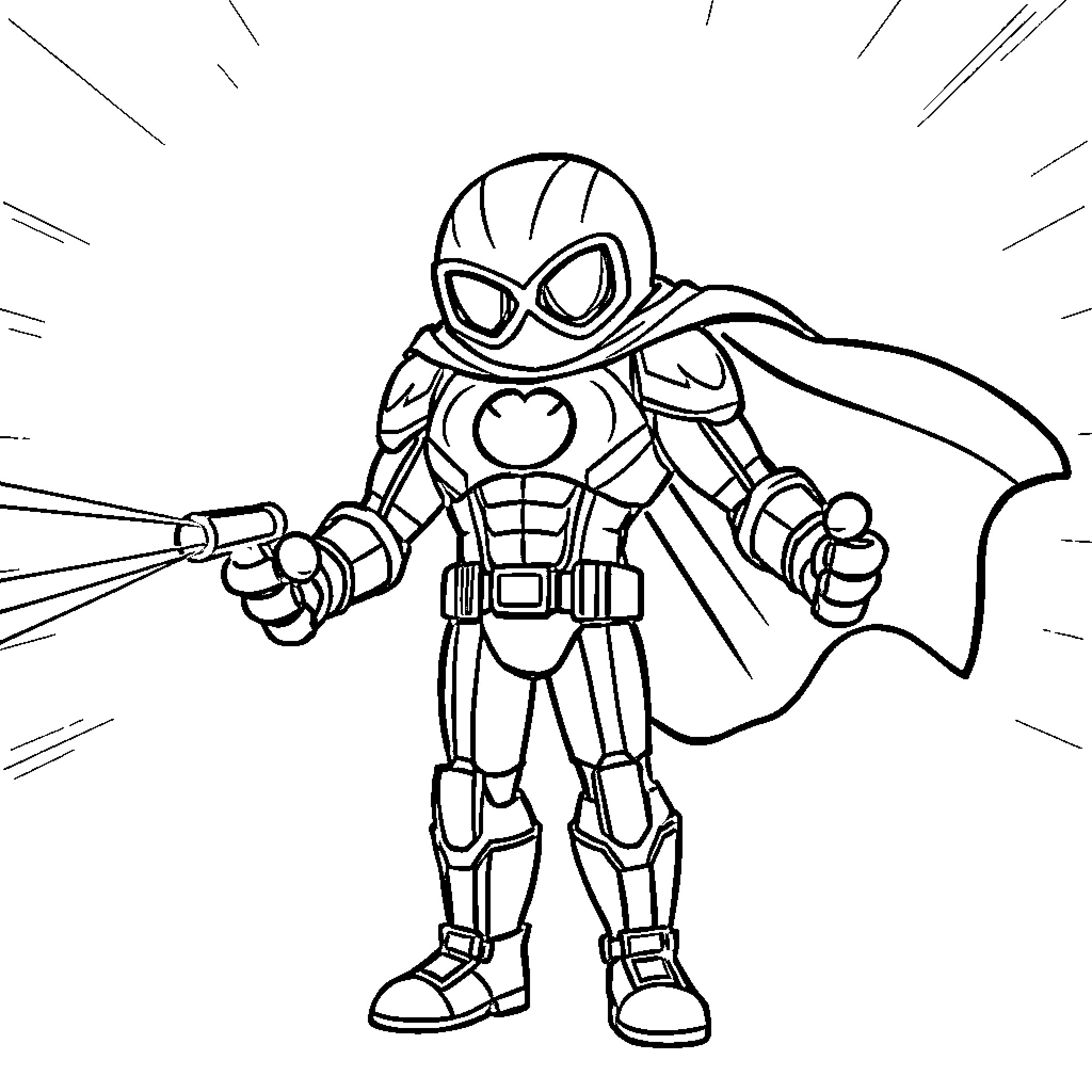 Superhero in action with laser guns Coloring Page (free black-and-white line drawing printable PDF for all, from beginners to advanced learners, including children, teens, adults, and seniors)