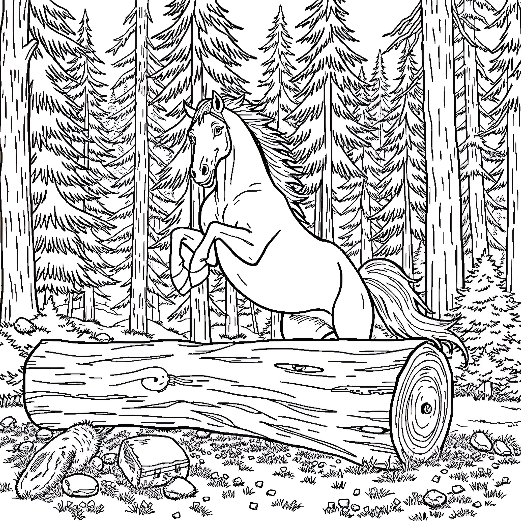 Horse rearing in a forested landscape Coloring Page (free black-and-white line drawing printable PDF for all, from beginners to advanced learners, including children, teens, adults, and seniors)
