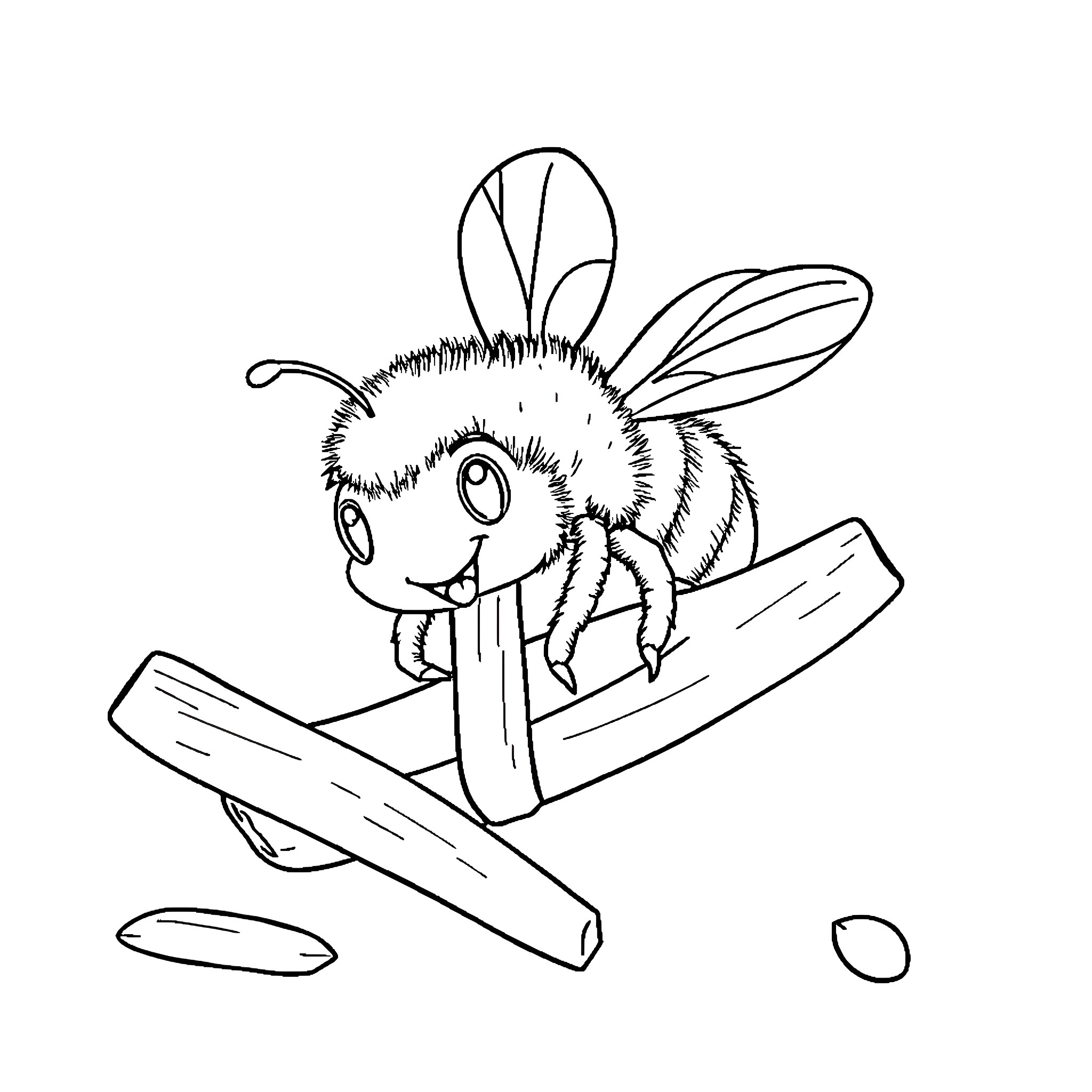 Bumble Bee flying with a pencil Coloring Page (free black-and-white line drawing printable PDF for all, from beginners to advanced learners, including children, teens, adults, and seniors)