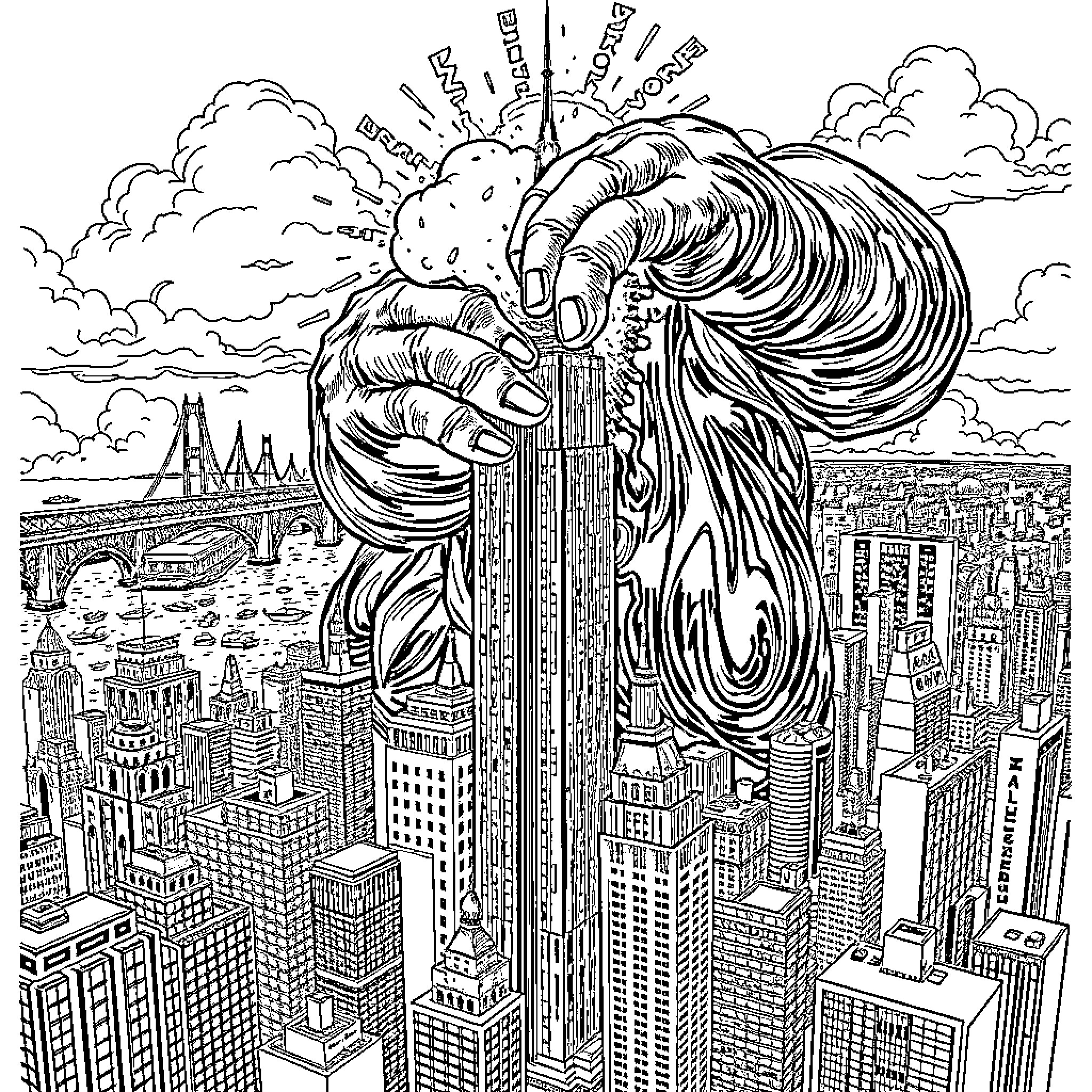 Giant Deity Towering Over City Skyline Coloring Page (free black-and-white line drawing printable PDF for all, from beginners to advanced learners, including children, teens, adults, and seniors)