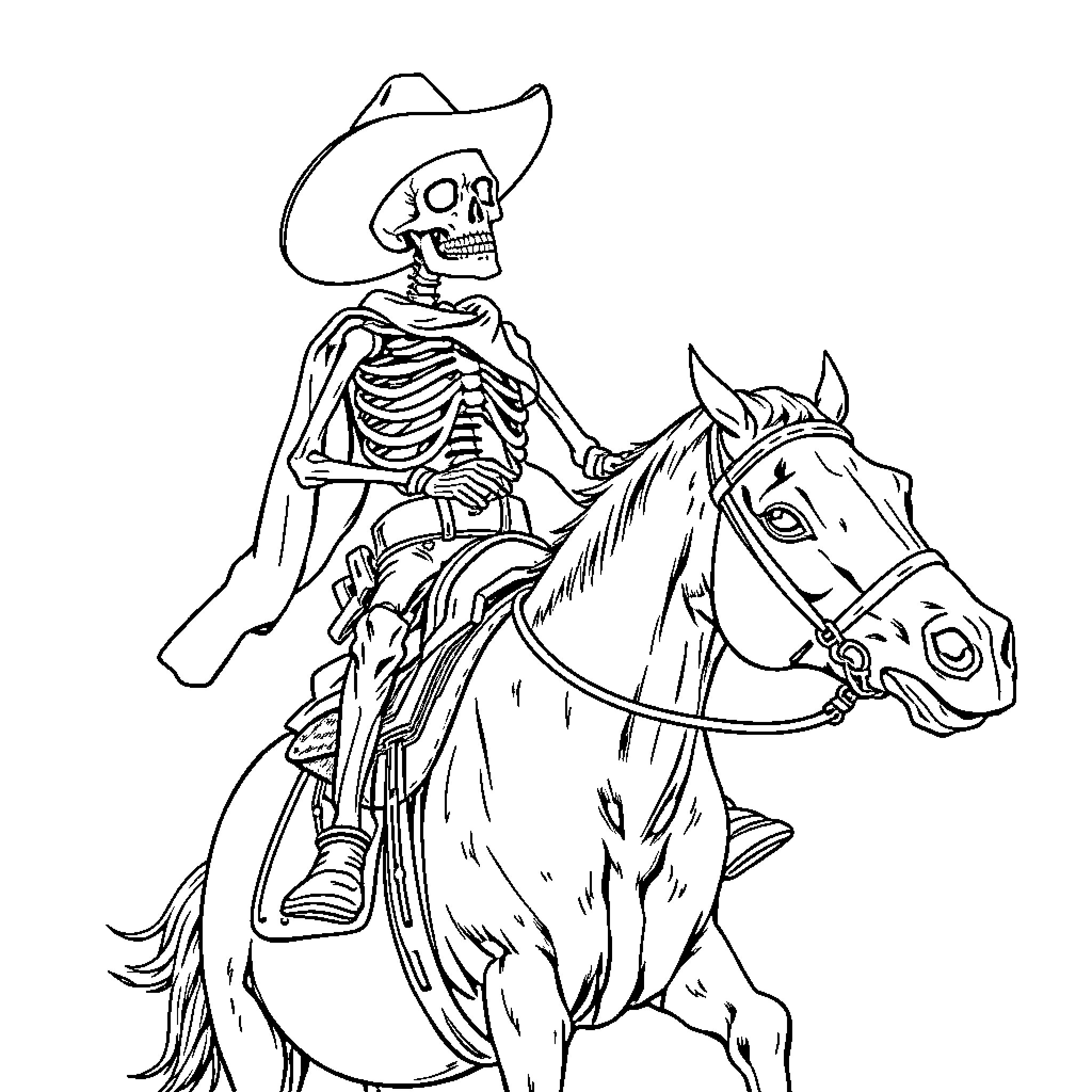 Cowboy skeleton riding a horse Coloring Page (free black-and-white line drawing printable PDF for all, from beginners to advanced learners, including children, teens, adults, and seniors)