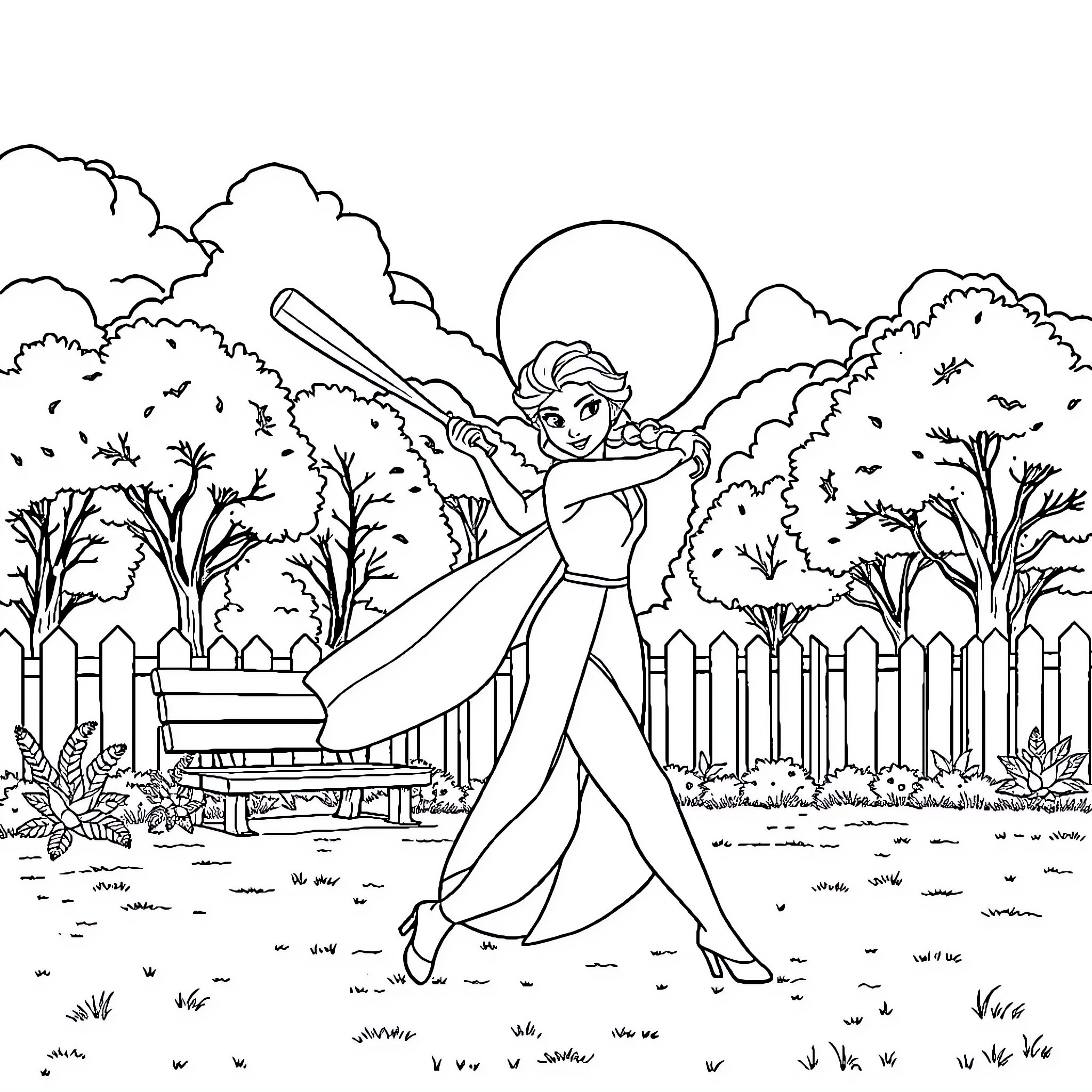 Elsa dancing joyfully in a serene garden Coloring Page (free black-and-white line drawing printable PDF for all, from beginners to advanced learners, including children, teens, adults, and seniors)