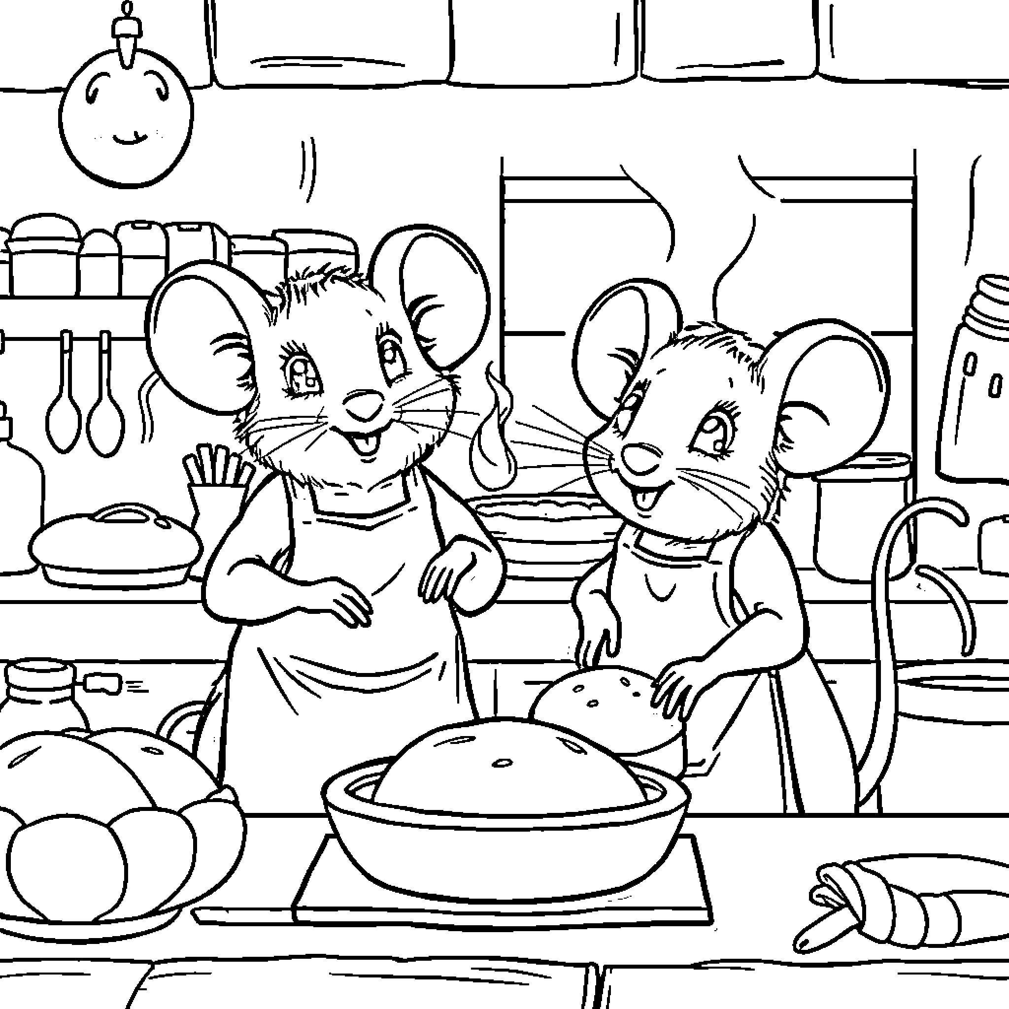 Mouse family cooking happily in the kitchen Coloring Page (free black-and-white line drawing printable PDF for all, from beginners to advanced learners, including children, teens, adults, and seniors)