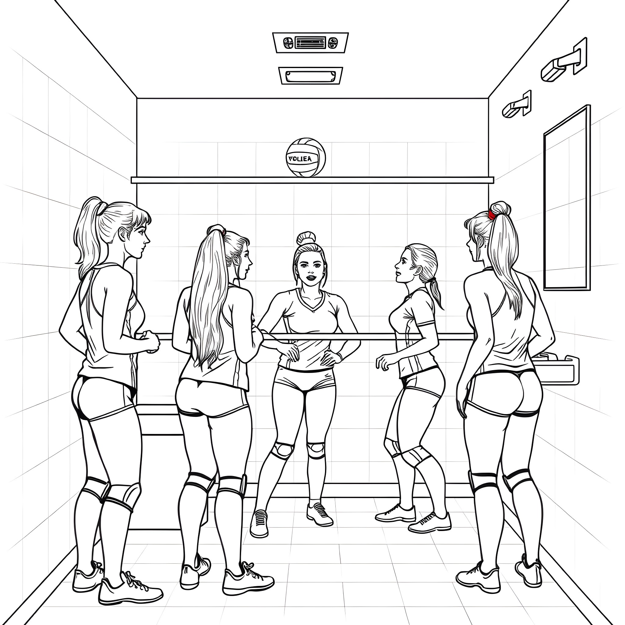 Women working out together in the gym Coloring Page (free black-and-white line drawing printable PDF for all, from beginners to advanced learners, including children, teens, adults, and seniors)