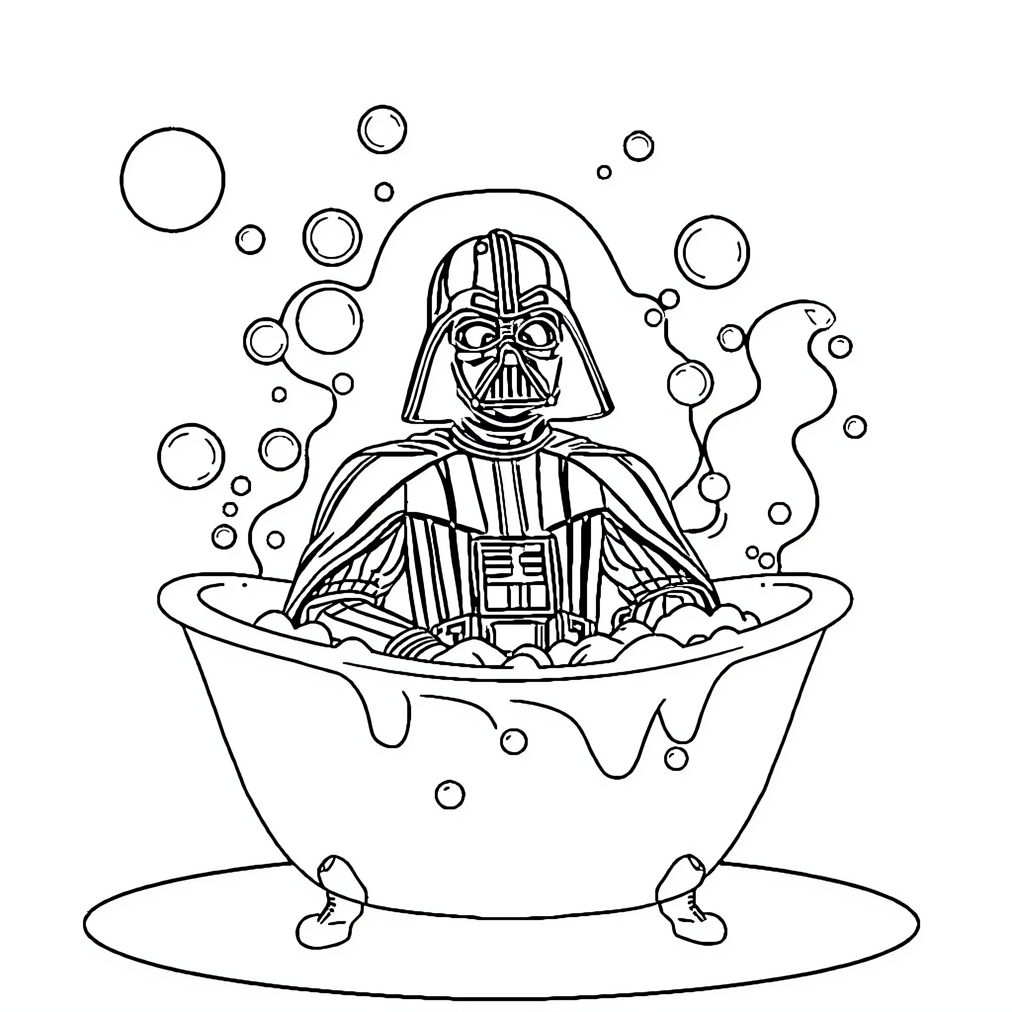 Darth Vader relaxing in a bubble bath Coloring Page (free black-and-white line drawing printable PDF for all, from beginners to advanced learners, including children, teens, adults, and seniors)