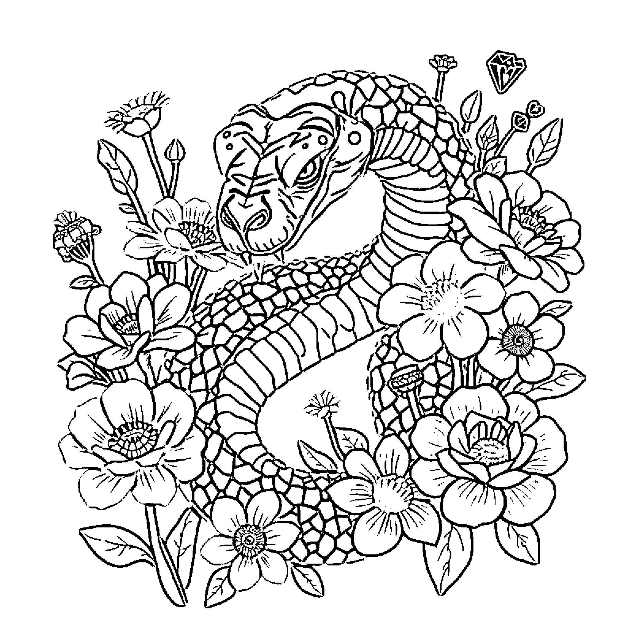 Snake surrounded by intricate floral patterns Coloring Page (free black-and-white line drawing printable PDF for all, from beginners to advanced learners, including children, teens, adults, and seniors)