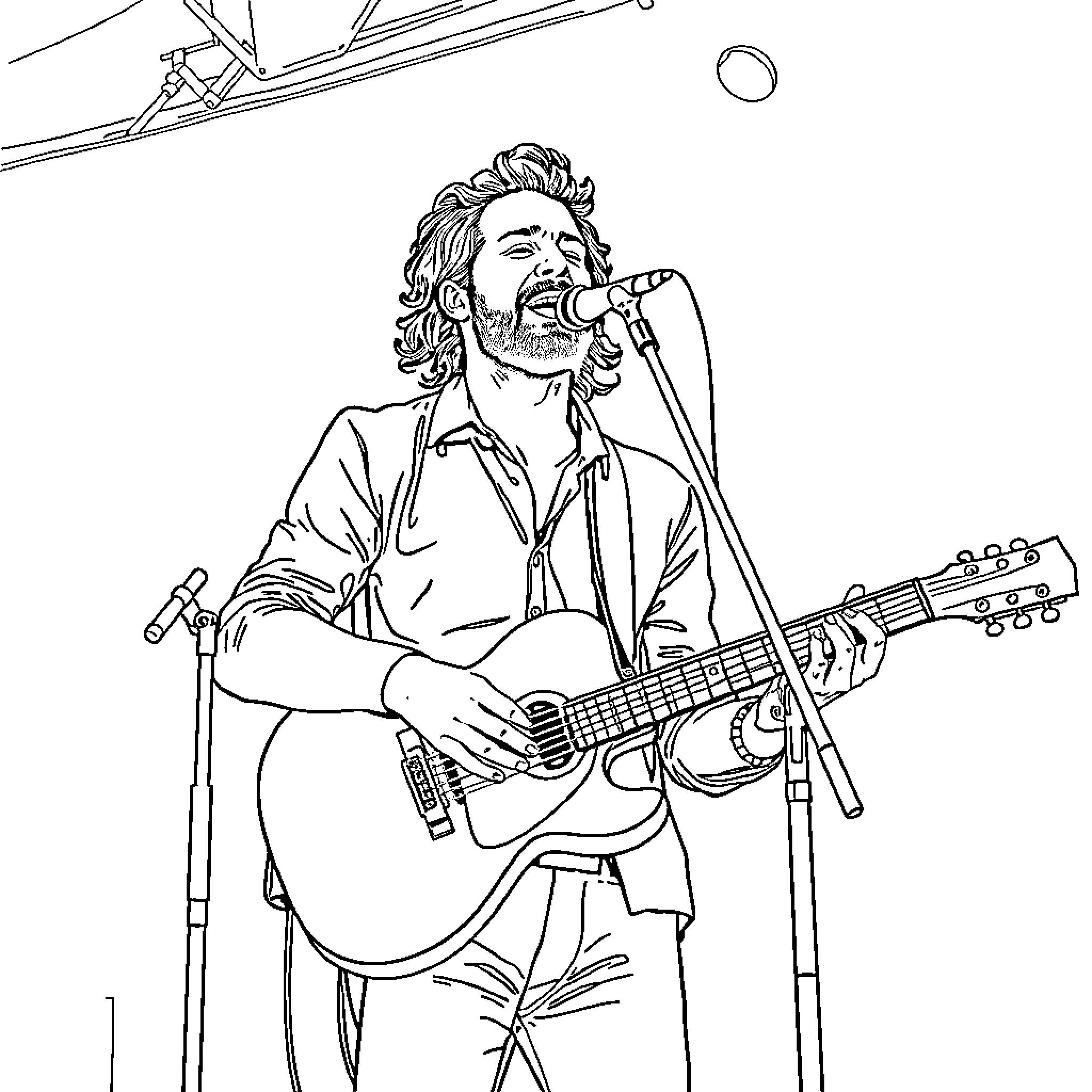 Hozier performing passionately with guitar on stage Coloring Page (free black-and-white line drawing printable PDF for all, from beginners to advanced learners, including children, teens, adults, and seniors)