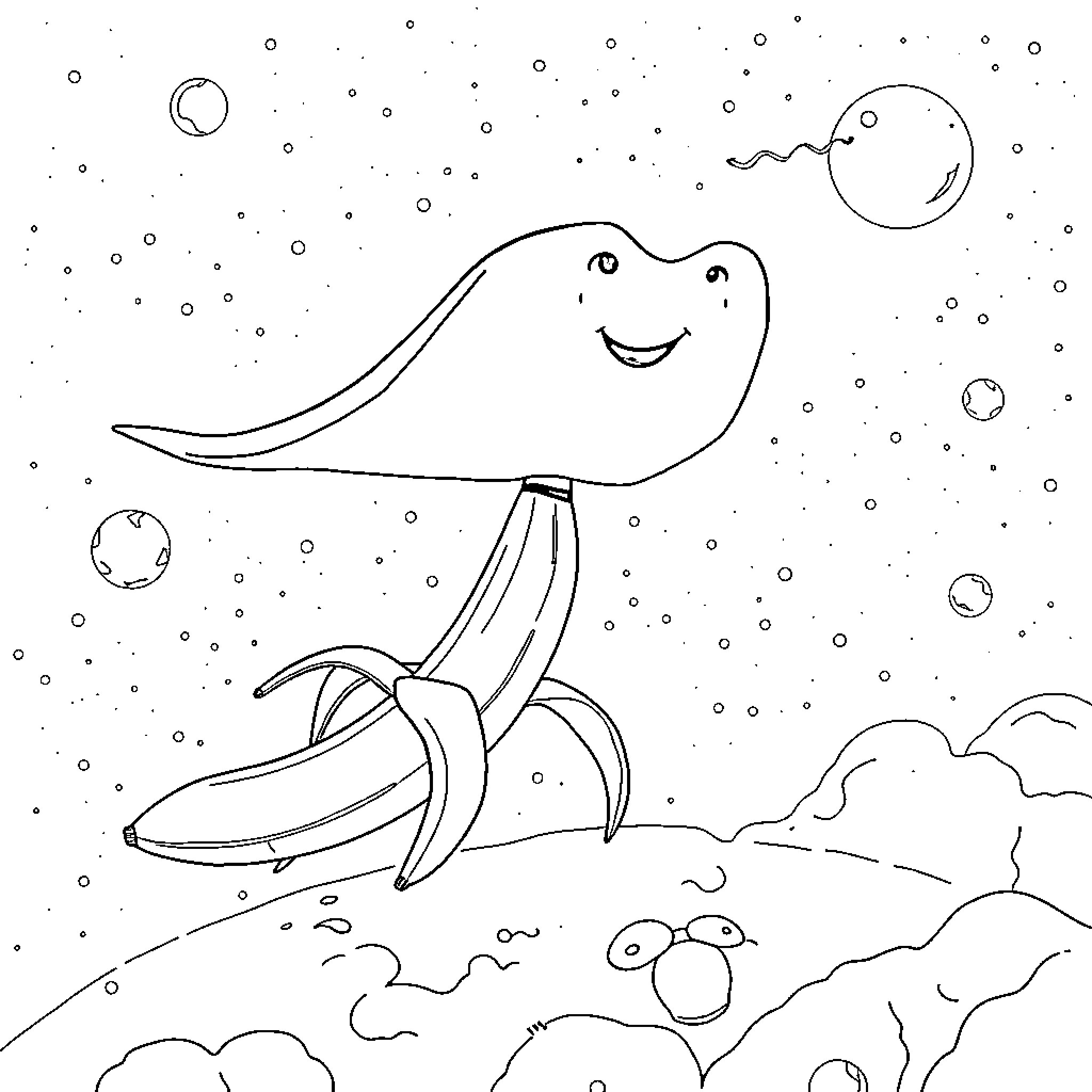 Mantaray swimming through the cosmos Coloring Page (free black-and-white line drawing printable PDF for all, from beginners to advanced learners, including children, teens, adults, and seniors)