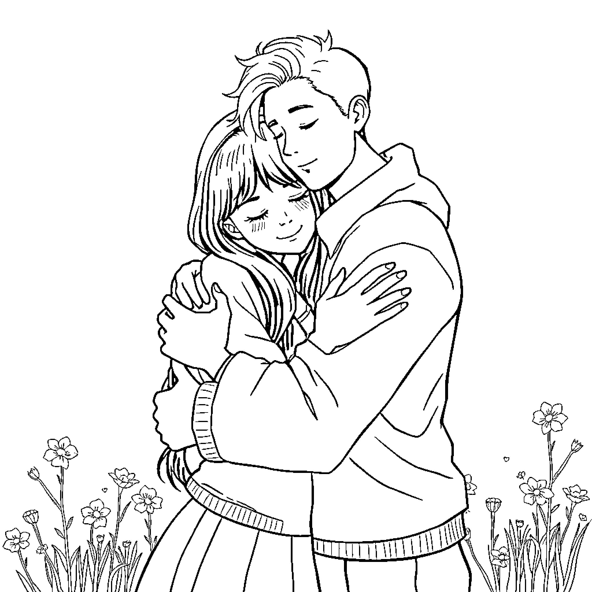 Romi's Heartfelt Embrace in Lush Nature Coloring Page (free black-and-white line drawing printable PDF for all, from beginners to advanced learners, including children, teens, adults, and seniors)