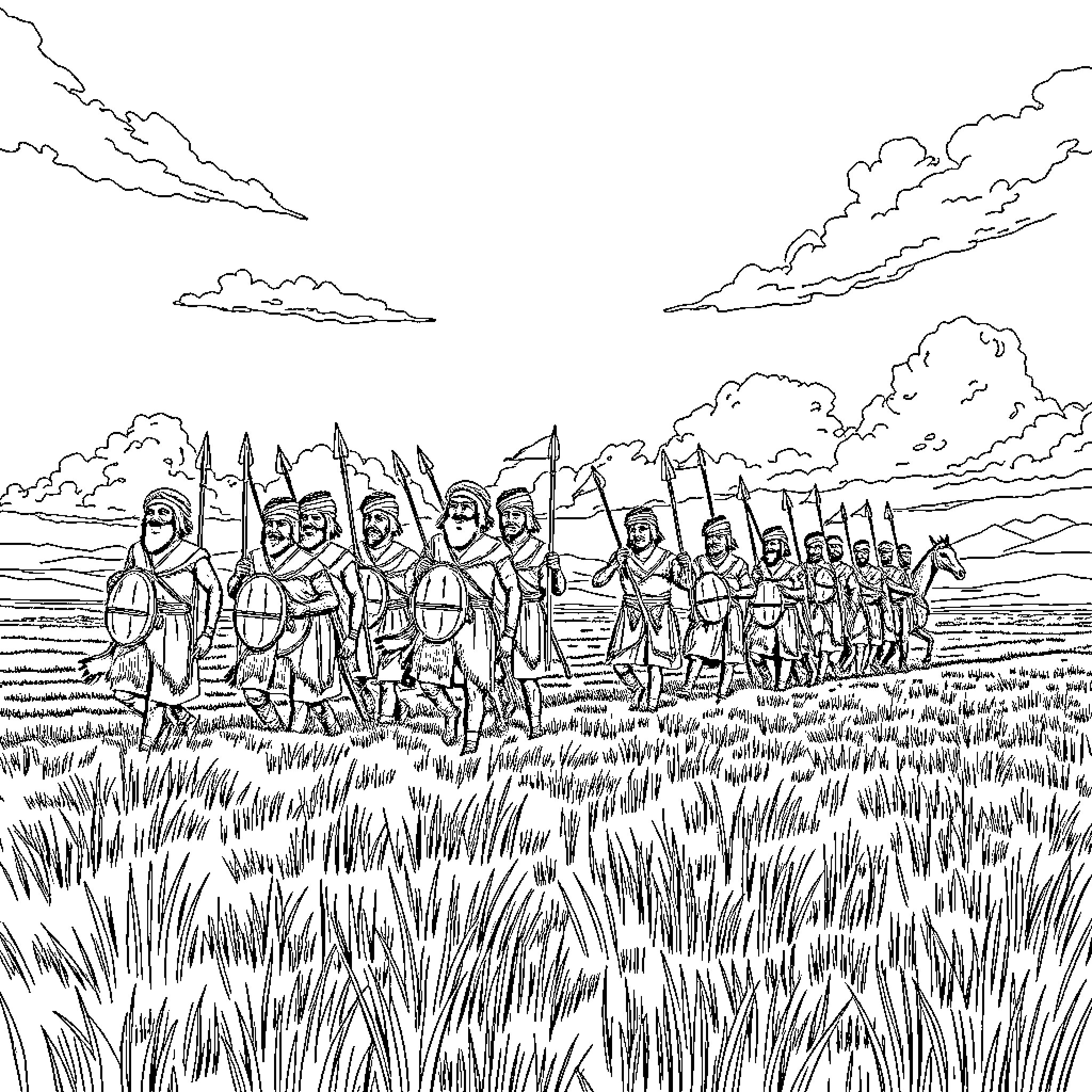 Warrior soldiers marching through a grassy field Coloring Page (free black-and-white line drawing printable PDF for all, from beginners to advanced learners, including children, teens, adults, and seniors)