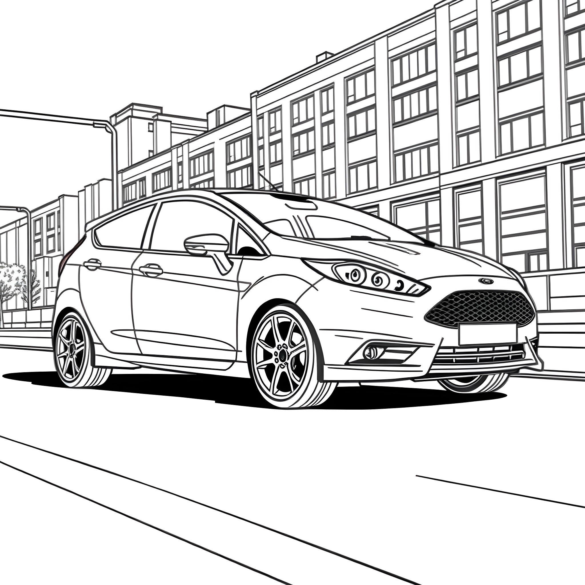 Ford Fiesta hatchback parked on city street Coloring Page (free black-and-white line drawing printable PDF for all, from beginners to advanced learners, including children, teens, adults, and seniors)