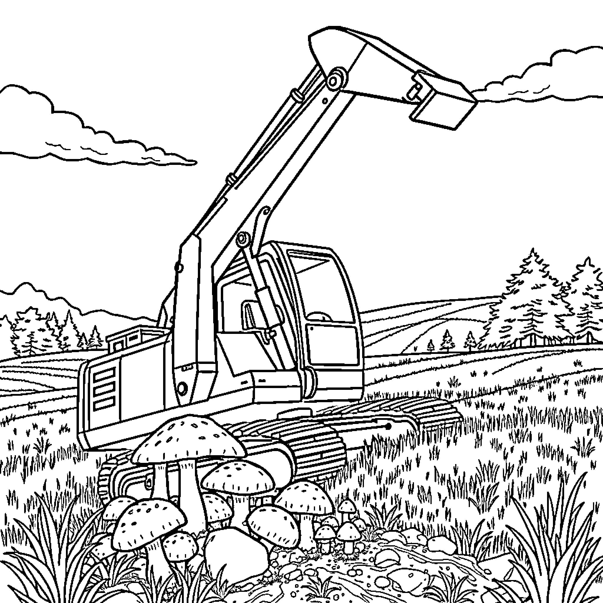 Excavator working in a scenic outdoor setting Coloring Page (free black-and-white line drawing printable PDF for all, from beginners to advanced learners, including children, teens, adults, and seniors)