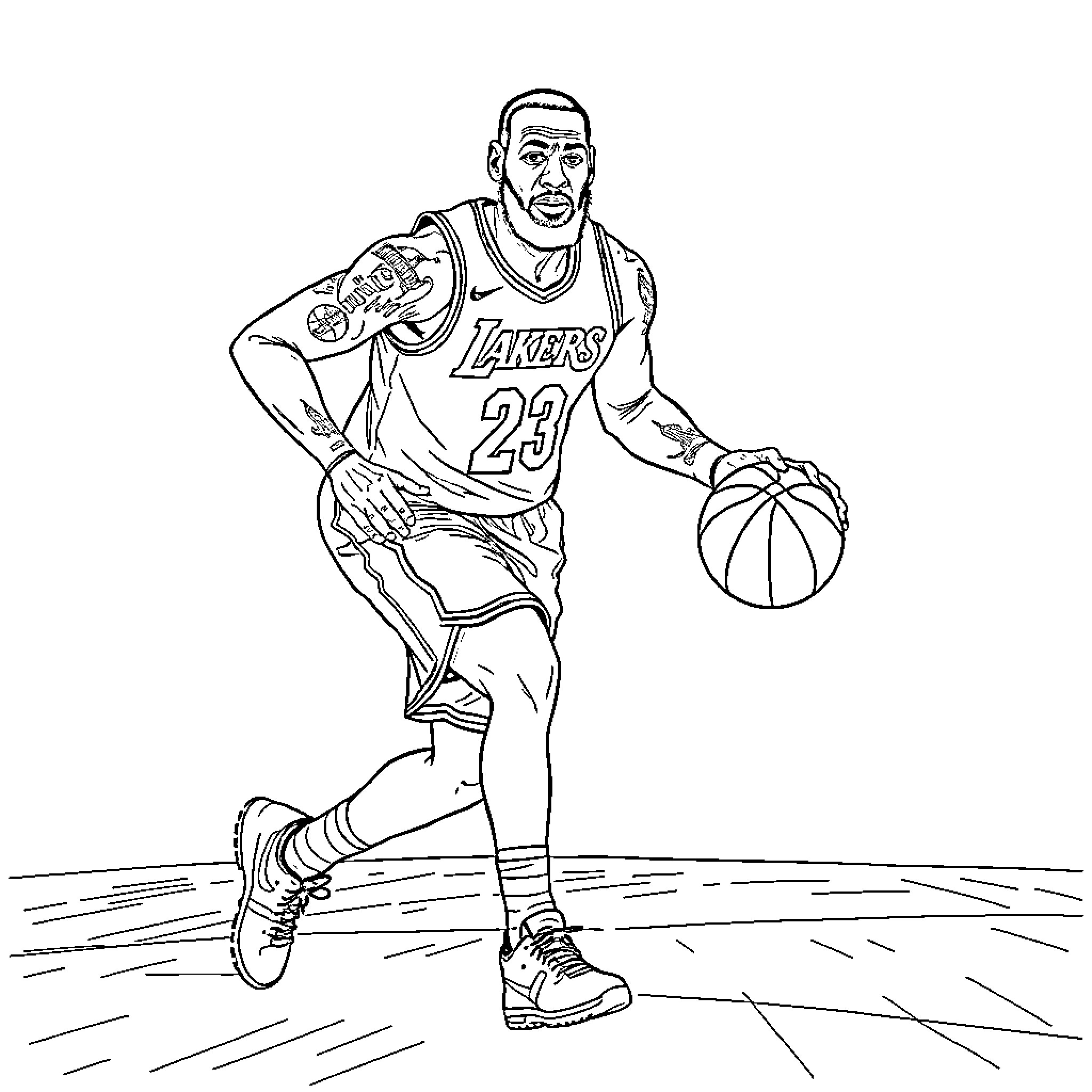 LeBron James playing basketball on the court Coloring Page (free black-and-white line drawing printable PDF for all, from beginners to advanced learners, including children, teens, adults, and seniors)