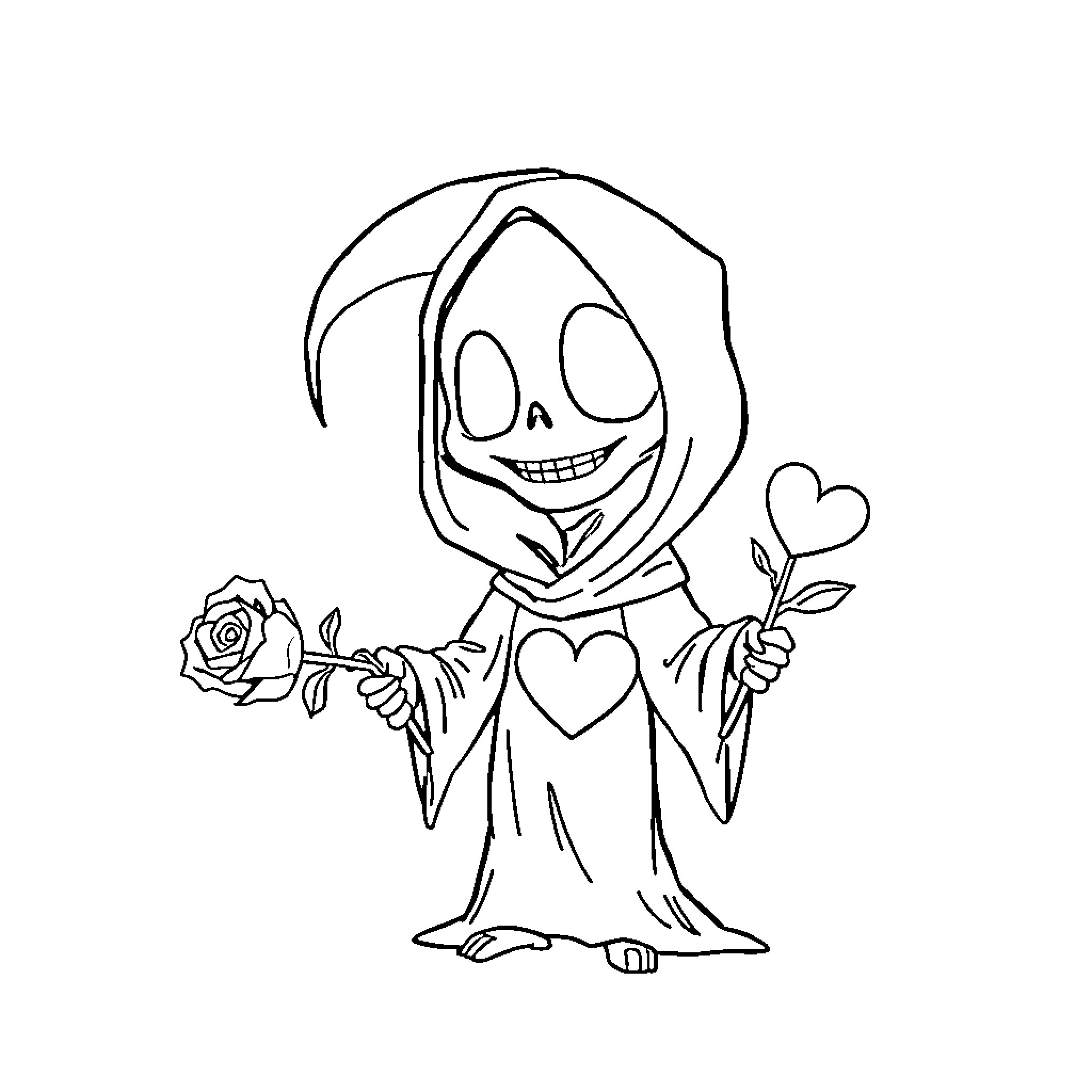 Grim Reaper holding rose and heart Coloring Page (free black-and-white line drawing printable PDF for all, from beginners to advanced learners, including children, teens, adults, and seniors)