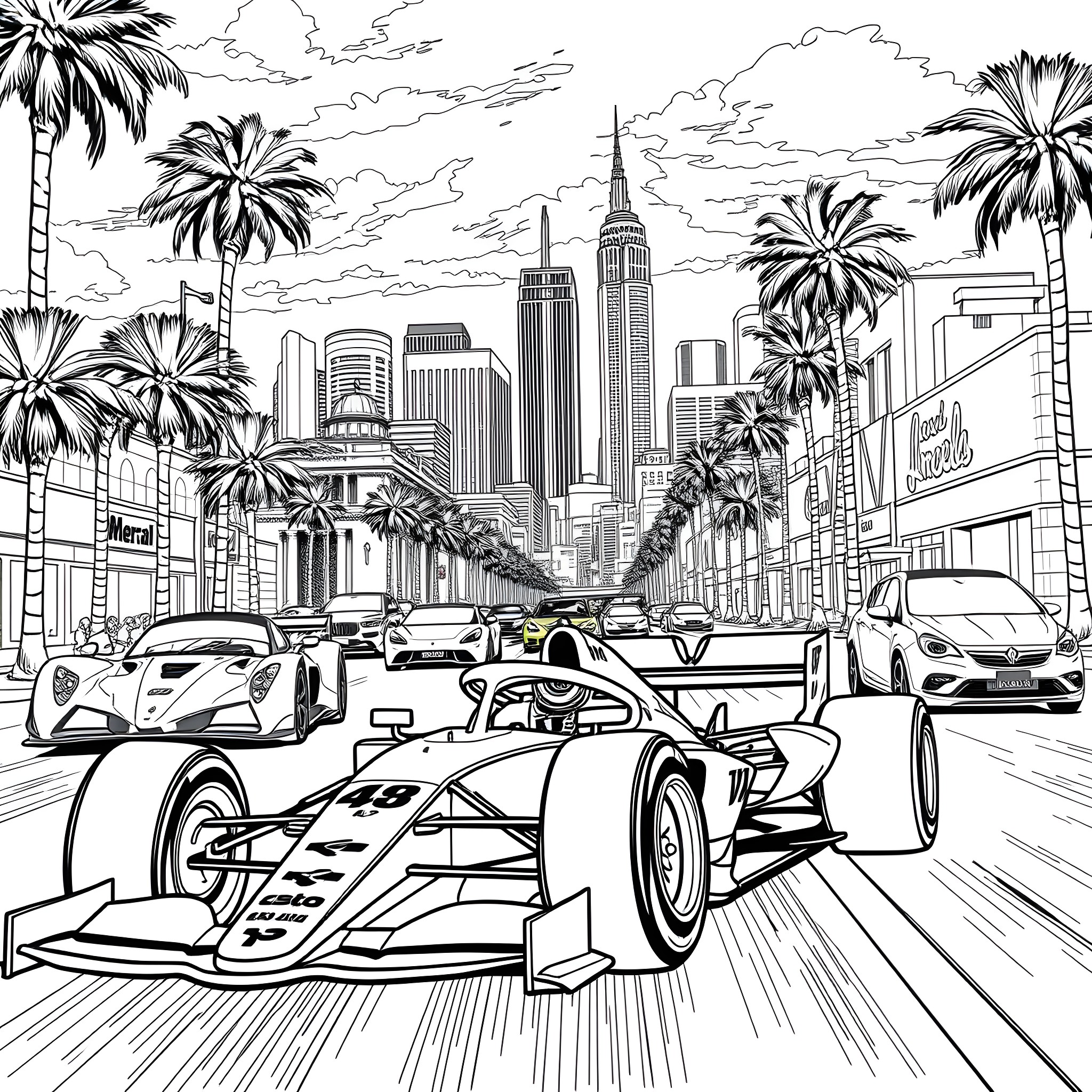 Formula 1 Race on City Streets with Skyscrapers Coloring Page (free black-and-white line drawing printable PDF for all, from beginners to advanced learners, including children, teens, adults, and seniors)