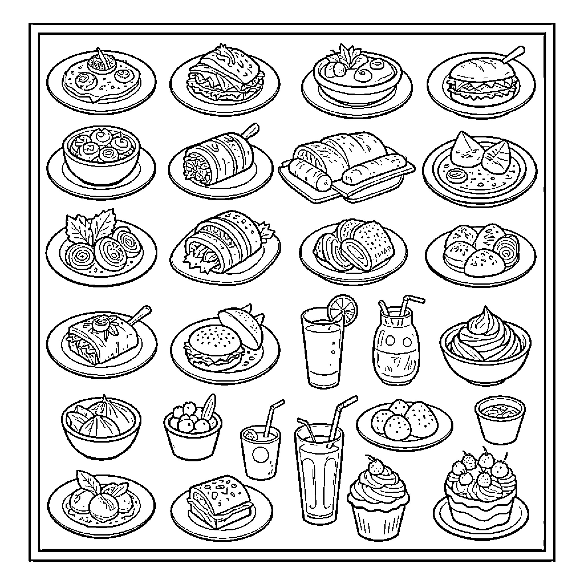 Food items arranged in a collection of various dishes Coloring Page (free black-and-white line drawing printable PDF for all, from beginners to advanced learners, including children, teens, adults, and seniors)