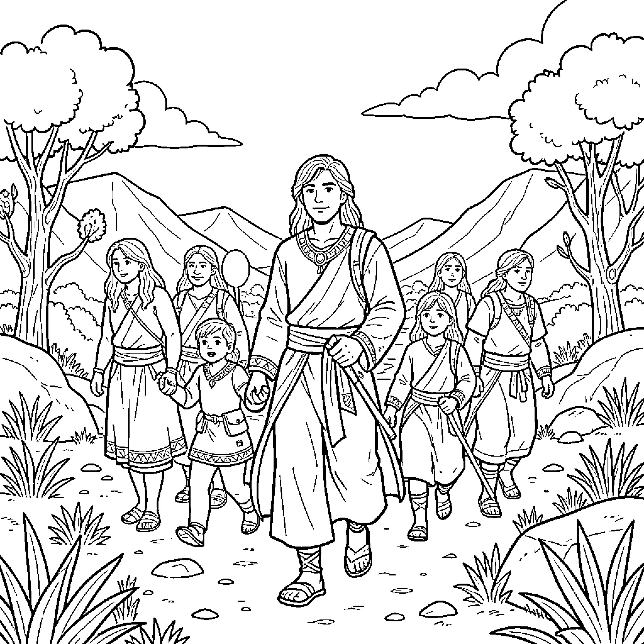 Nephi leading his family through a mountainous landscape Coloring Page (free black-and-white line drawing printable PDF for all, from beginners to advanced learners, including children, teens, adults, and seniors)