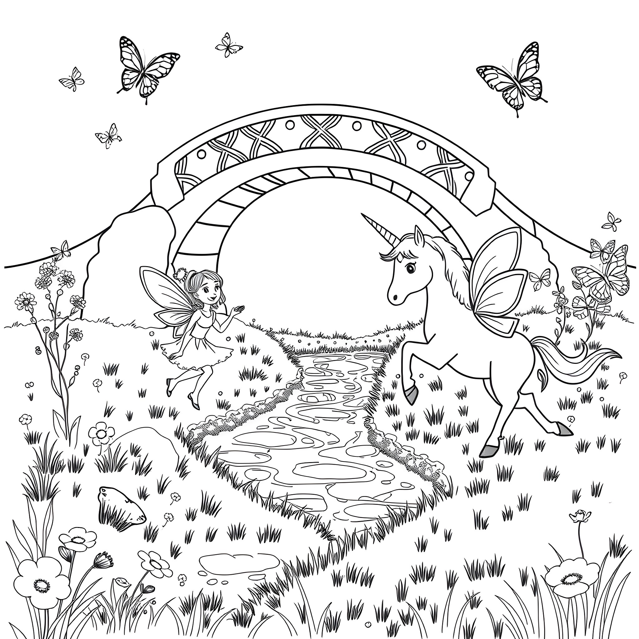 Unicorn and fairy in enchanted forest with butterflies Coloring Page (free black-and-white line drawing printable PDF for all, from beginners to advanced learners, including children, teens, adults, and seniors)