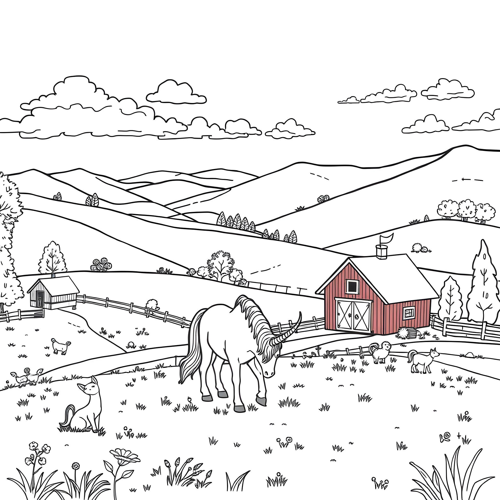 Unicorn in a pastoral landscape Coloring Page (free black-and-white line drawing printable PDF for all, from beginners to advanced learners, including children, teens, adults, and seniors)