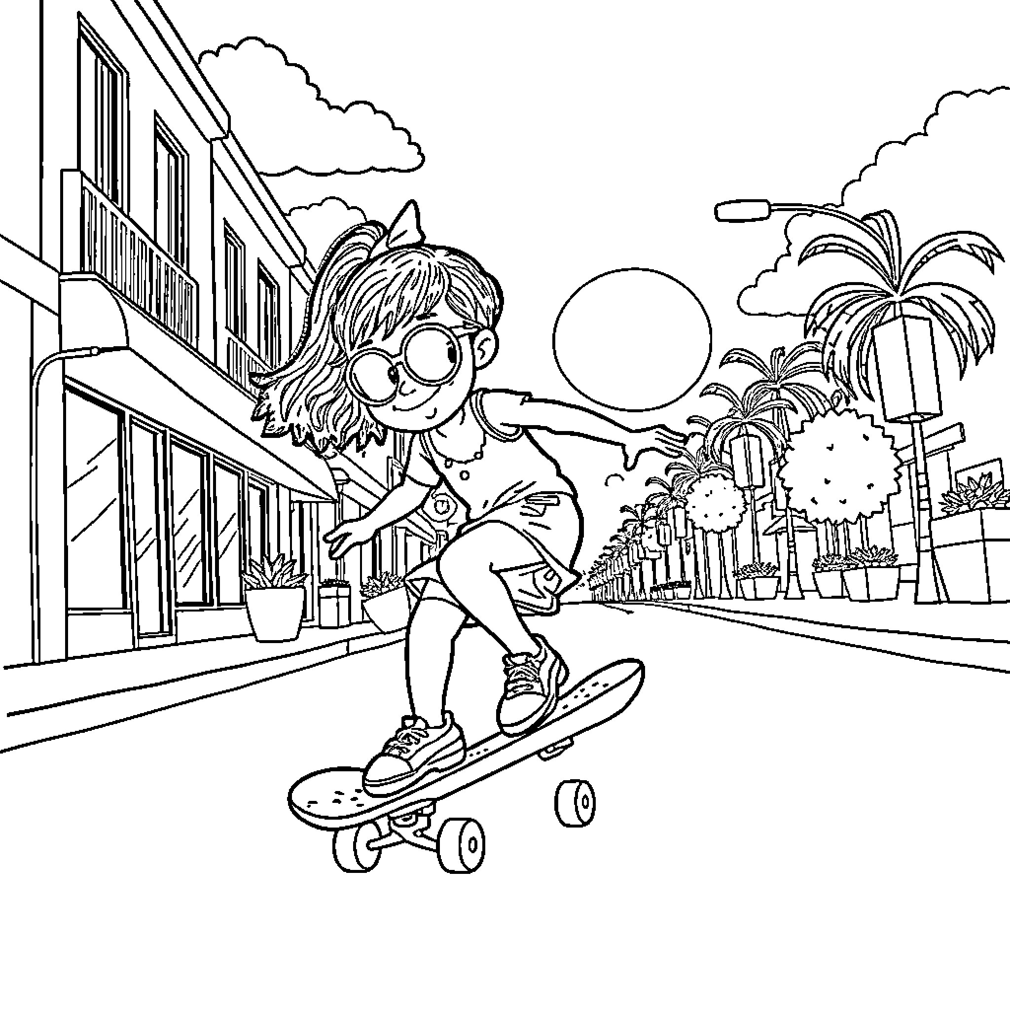 Skateboard rider enjoying the city landscape Coloring Page (free black-and-white line drawing printable PDF for all, from beginners to advanced learners, including children, teens, adults, and seniors)