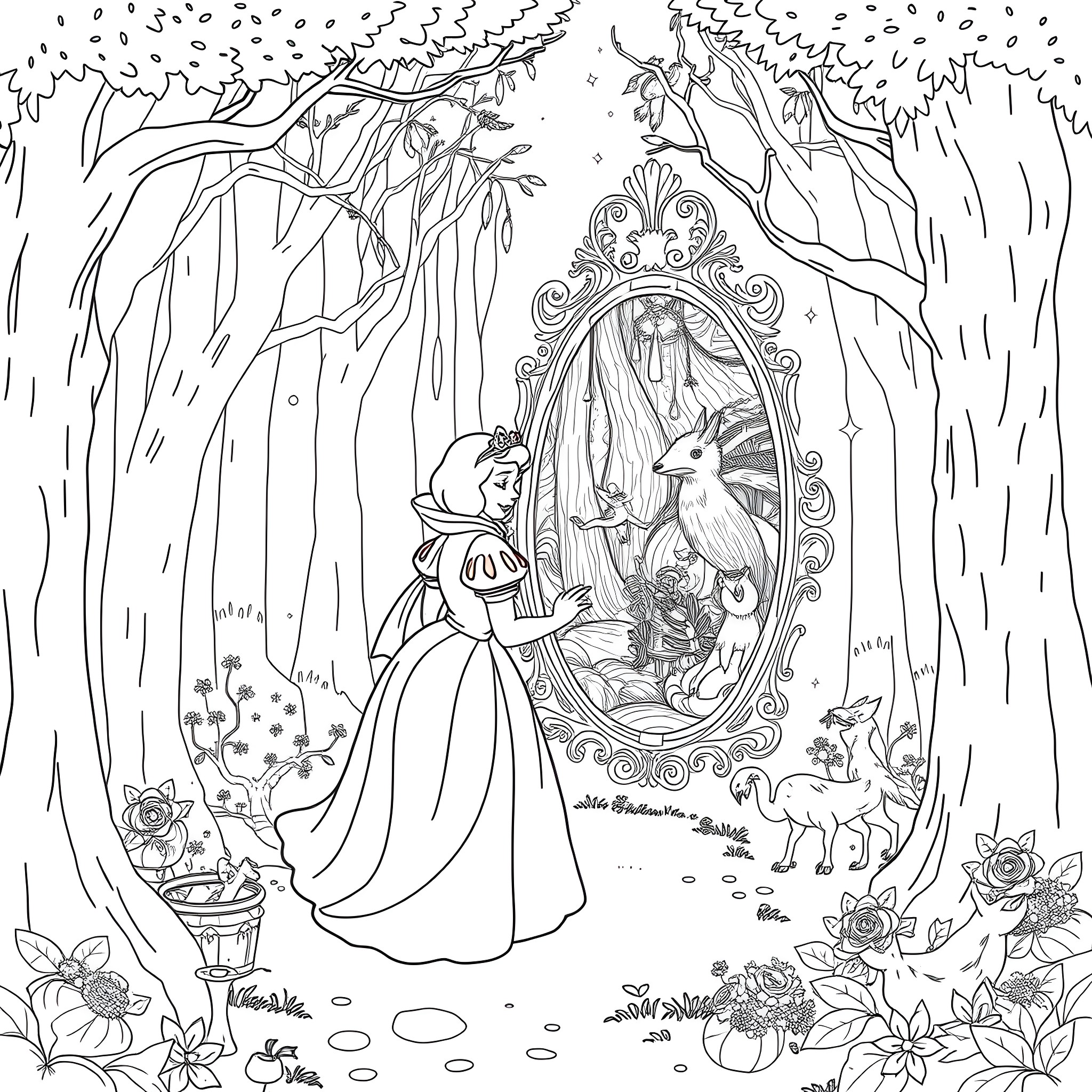 Magic Mirror - Princess in the enchanted forest Coloring Page (free black-and-white line drawing printable PDF for all, from beginners to advanced learners, including children, teens, adults, and seniors)