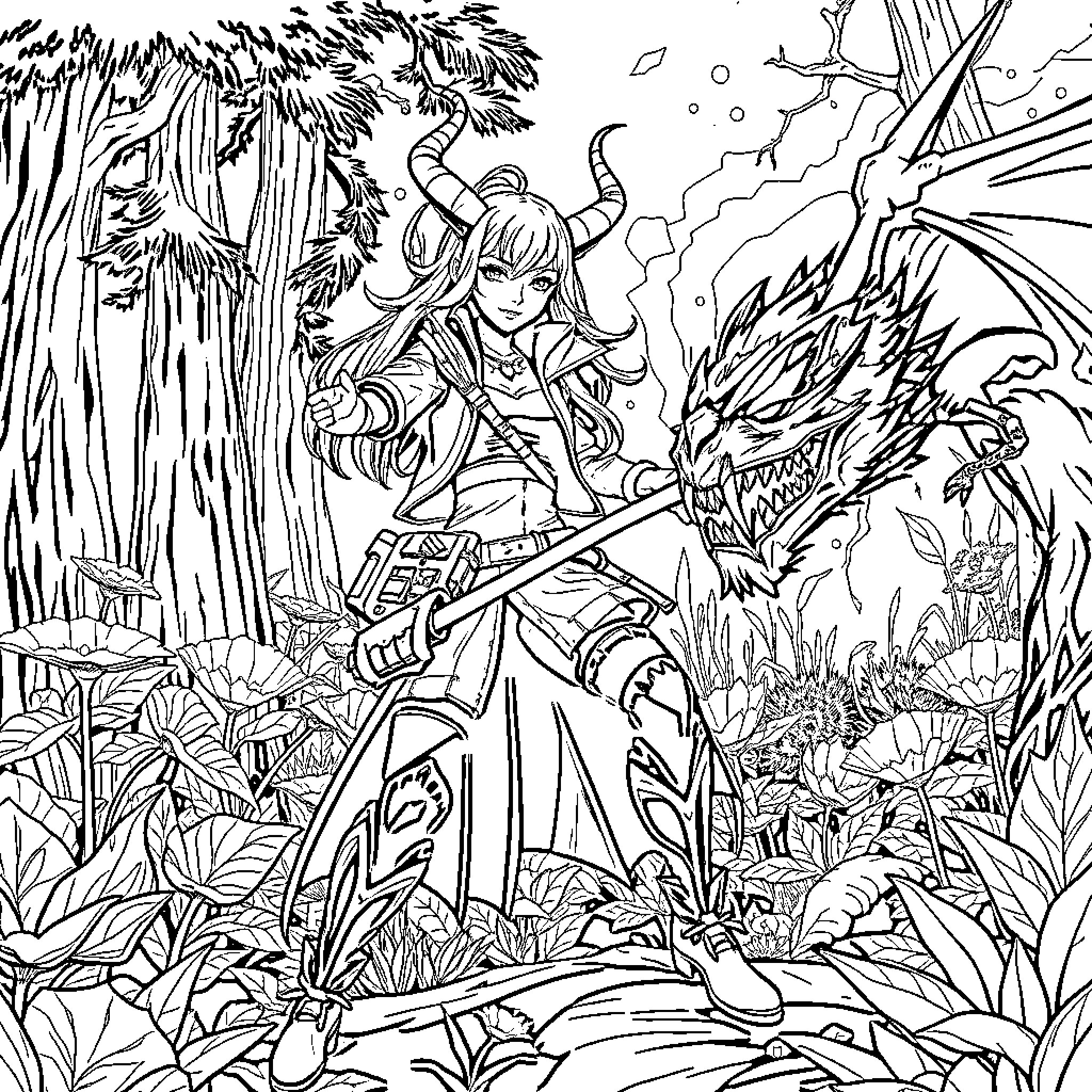 Demon Hunter facing off against a fierce dragon in the wild Coloring Page (free black-and-white line drawing printable PDF for all, from beginners to advanced learners, including children, teens, adults, and seniors)