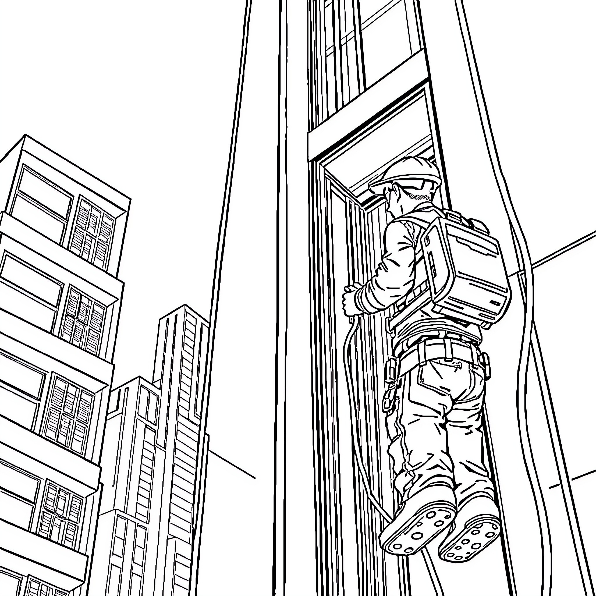 Mecánico reparando rascacielos en la ciudad Coloring Page (free black-and-white line drawing printable PDF for all, from beginners to advanced learners, including children, teens, adults, and seniors)