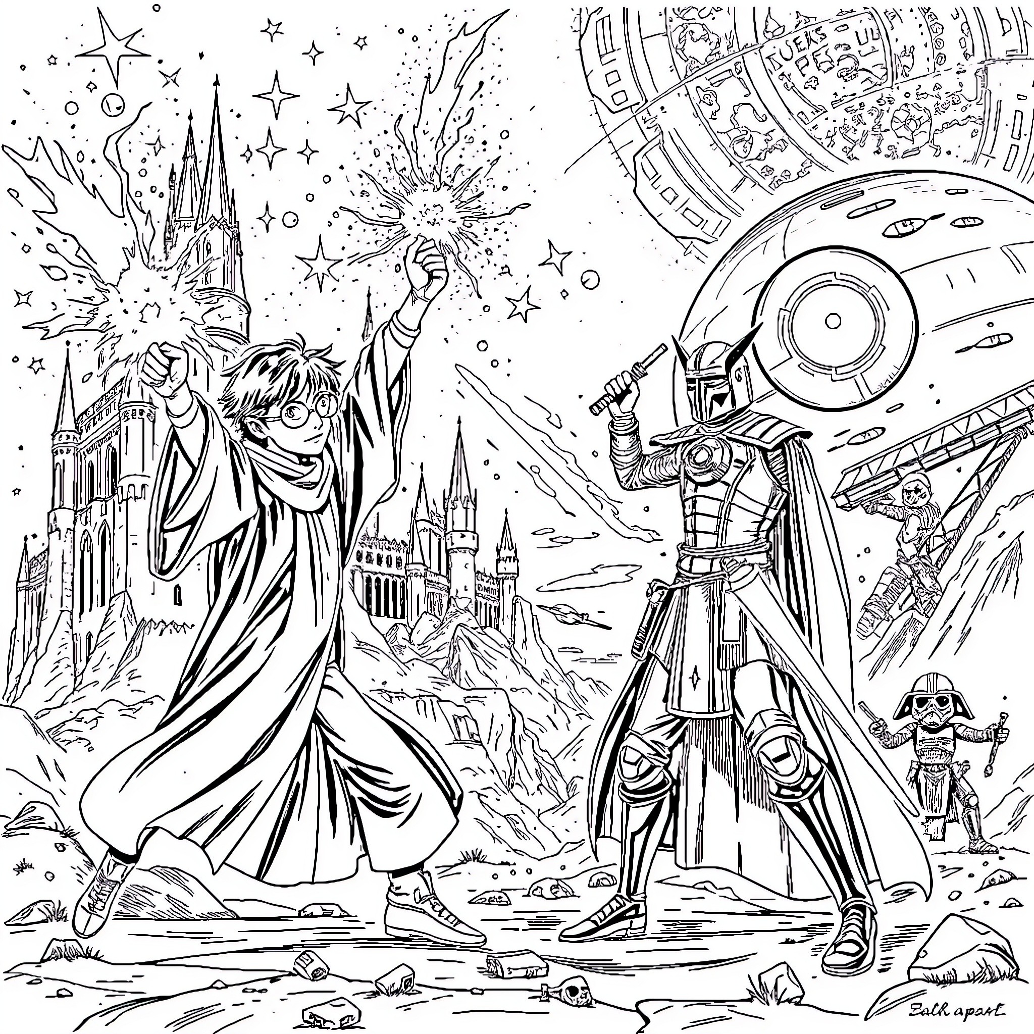 Wizard's celestial display and robotic spectacle Coloring Page (free black-and-white line drawing printable PDF for all, from beginners to advanced learners, including children, teens, adults, and seniors)