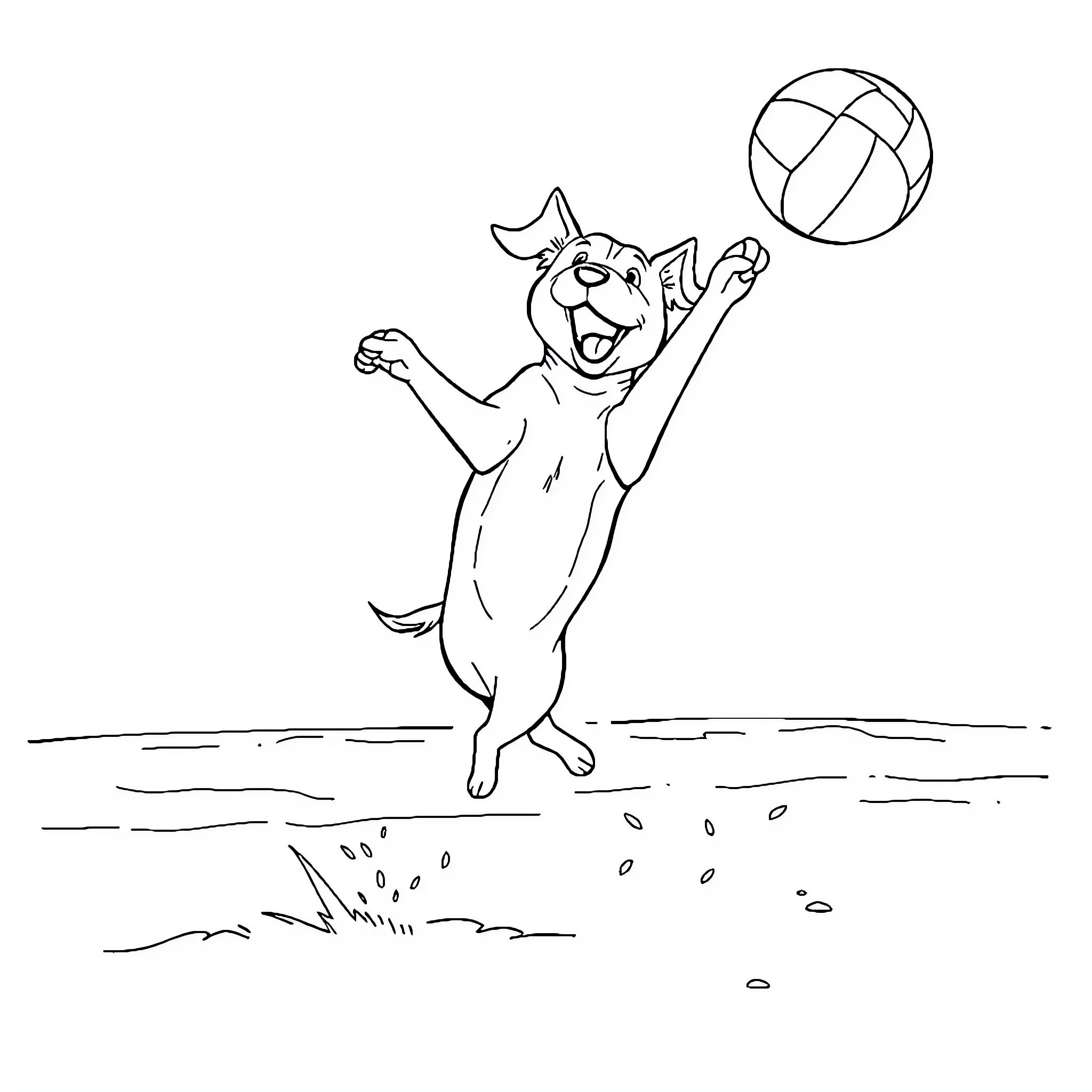 Dog playing happily with volleyball on the beach Coloring Page (free black-and-white line drawing printable PDF for all, from beginners to advanced learners, including children, teens, adults, and seniors)