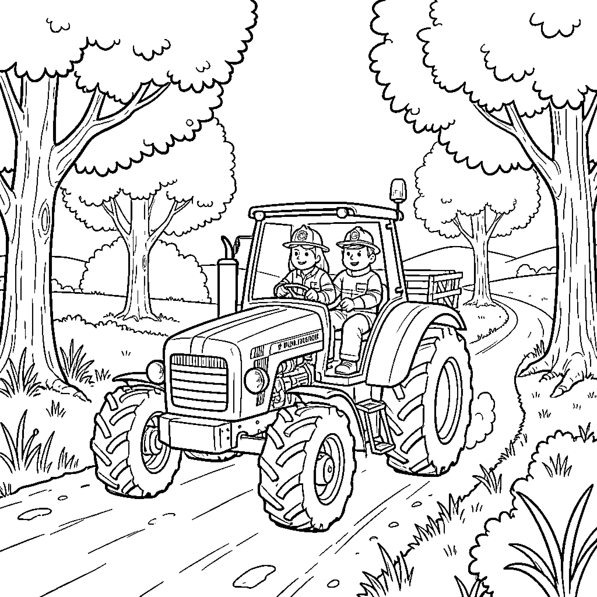 Tractor driven by two smiling children on a path Coloring Page (free black-and-white line drawing printable PDF for all, from beginners to advanced learners, including children, teens, adults, and seniors)