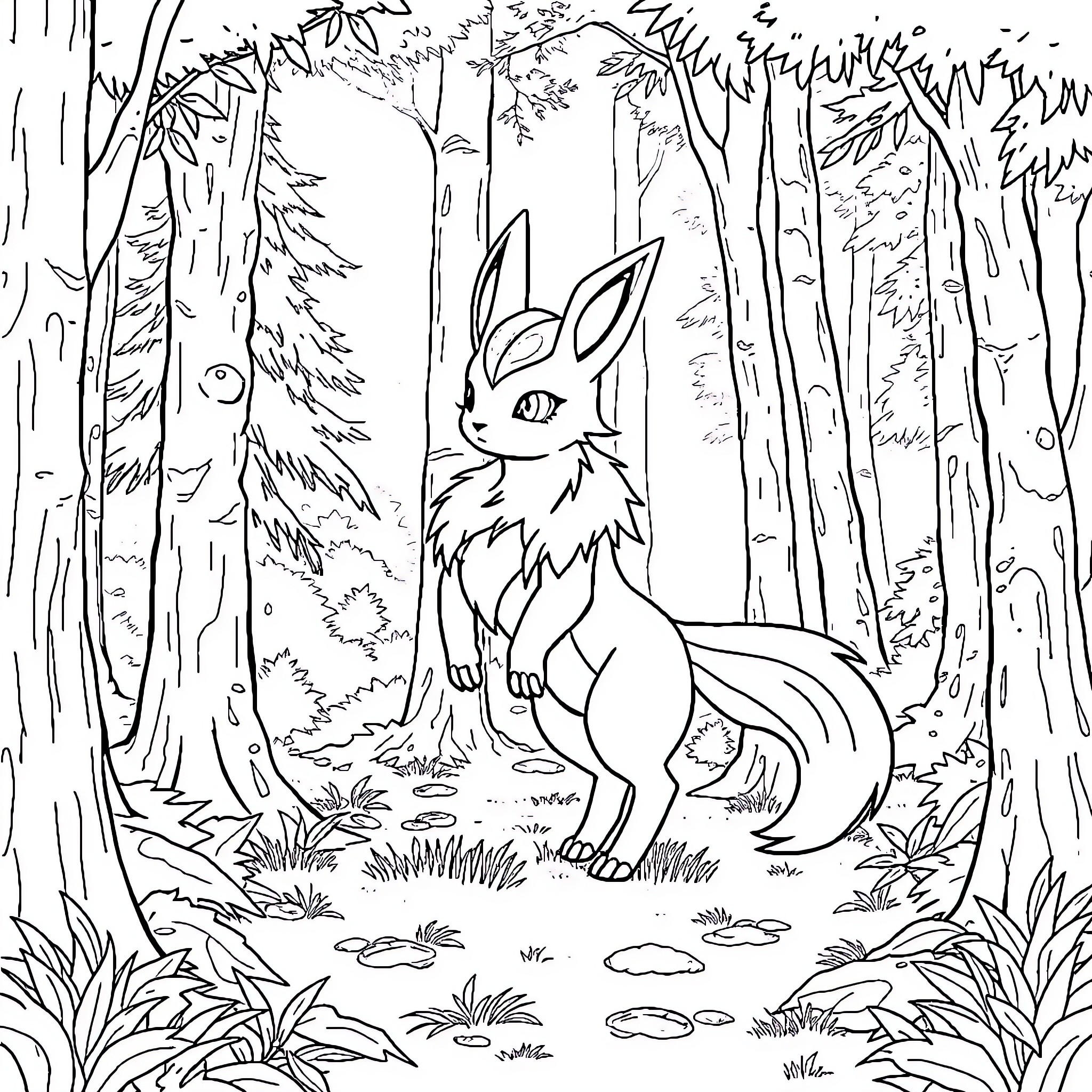 Renamon exploring the enchanted forest Coloring Page (free black-and-white line drawing printable PDF for all, from beginners to advanced learners, including children, teens, adults, and seniors)