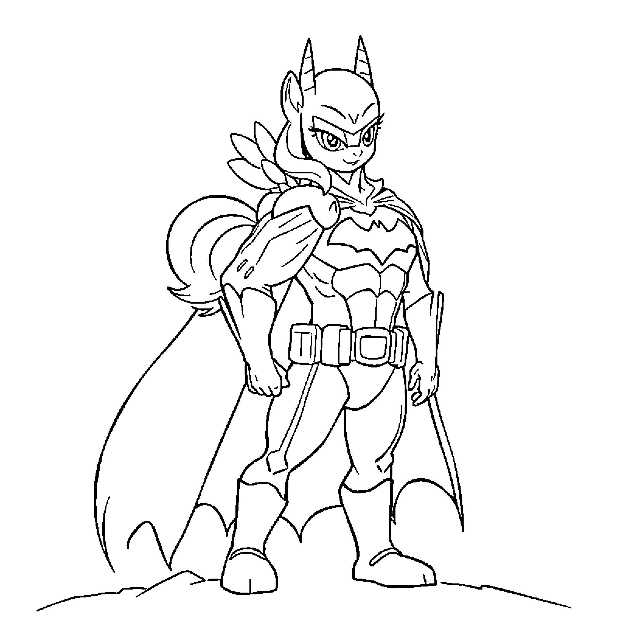 Fluttershy as a Heroic Bat Creature Coloring Page (free black-and-white line drawing printable PDF for all, from beginners to advanced learners, including children, teens, adults, and seniors)