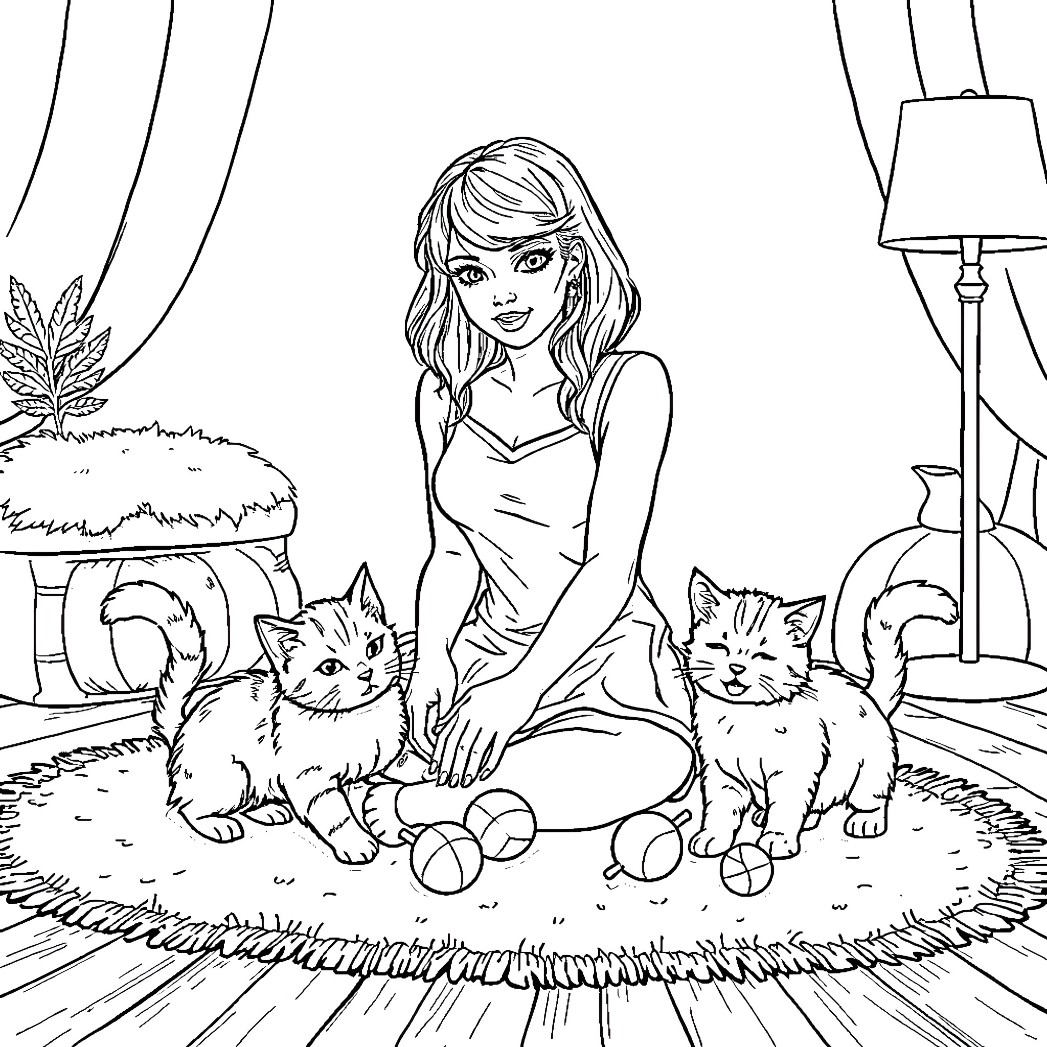 Taylor Swift playing with cute kittens in a cozy room Coloring Page (free black-and-white line drawing printable PDF for all, from beginners to advanced learners, including children, teens, adults, and seniors)