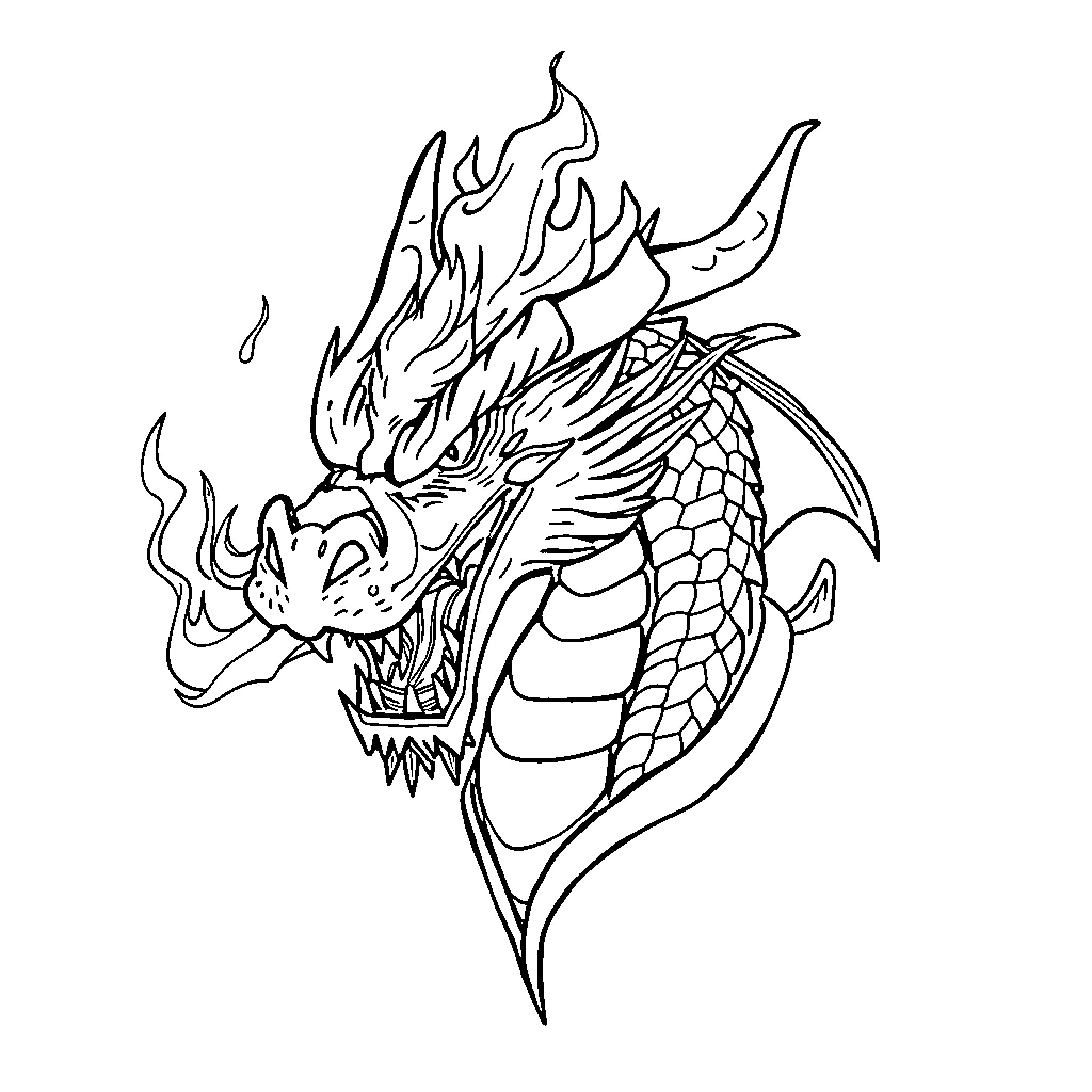 Dragon Unleashing Fiery Wrath in Dramatic Pose Coloring Page (free black-and-white line drawing printable PDF for all, from beginners to advanced learners, including children, teens, adults, and seniors)