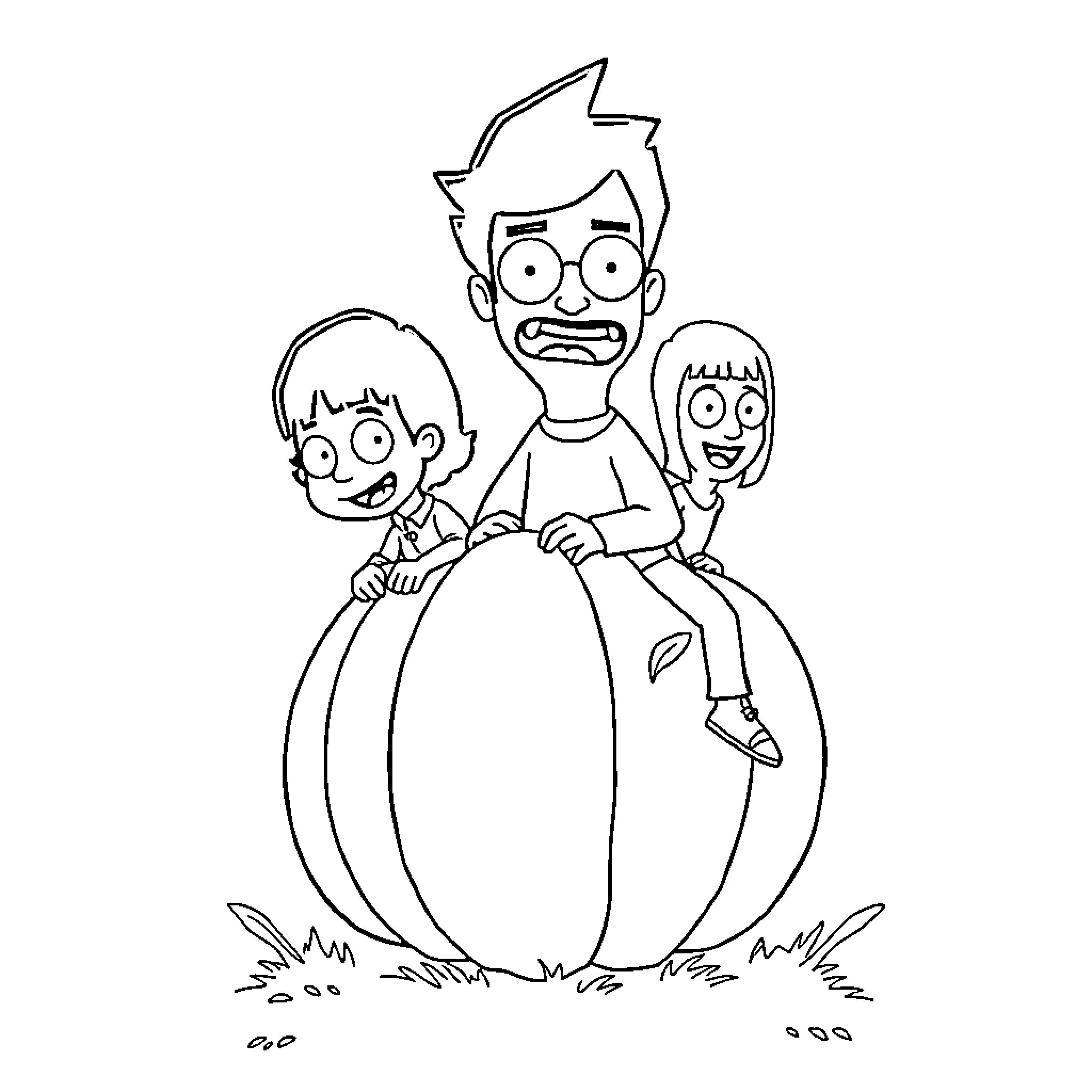Bob's Burgers Family Adventures on a Big Pumpkin Coloring Page (free black-and-white line drawing printable PDF for all, from beginners to advanced learners, including children, teens, adults, and seniors)