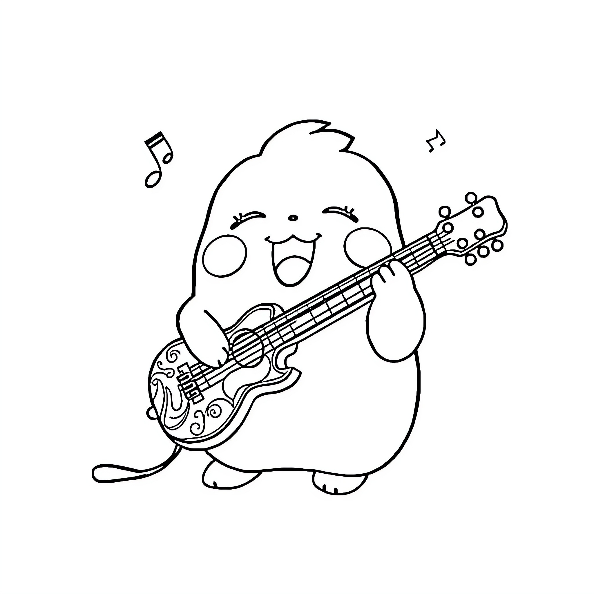 Squishmallow playing guitar with joy Coloring Page (free black-and-white line drawing printable PDF for all, from beginners to advanced learners, including children, teens, adults, and seniors)