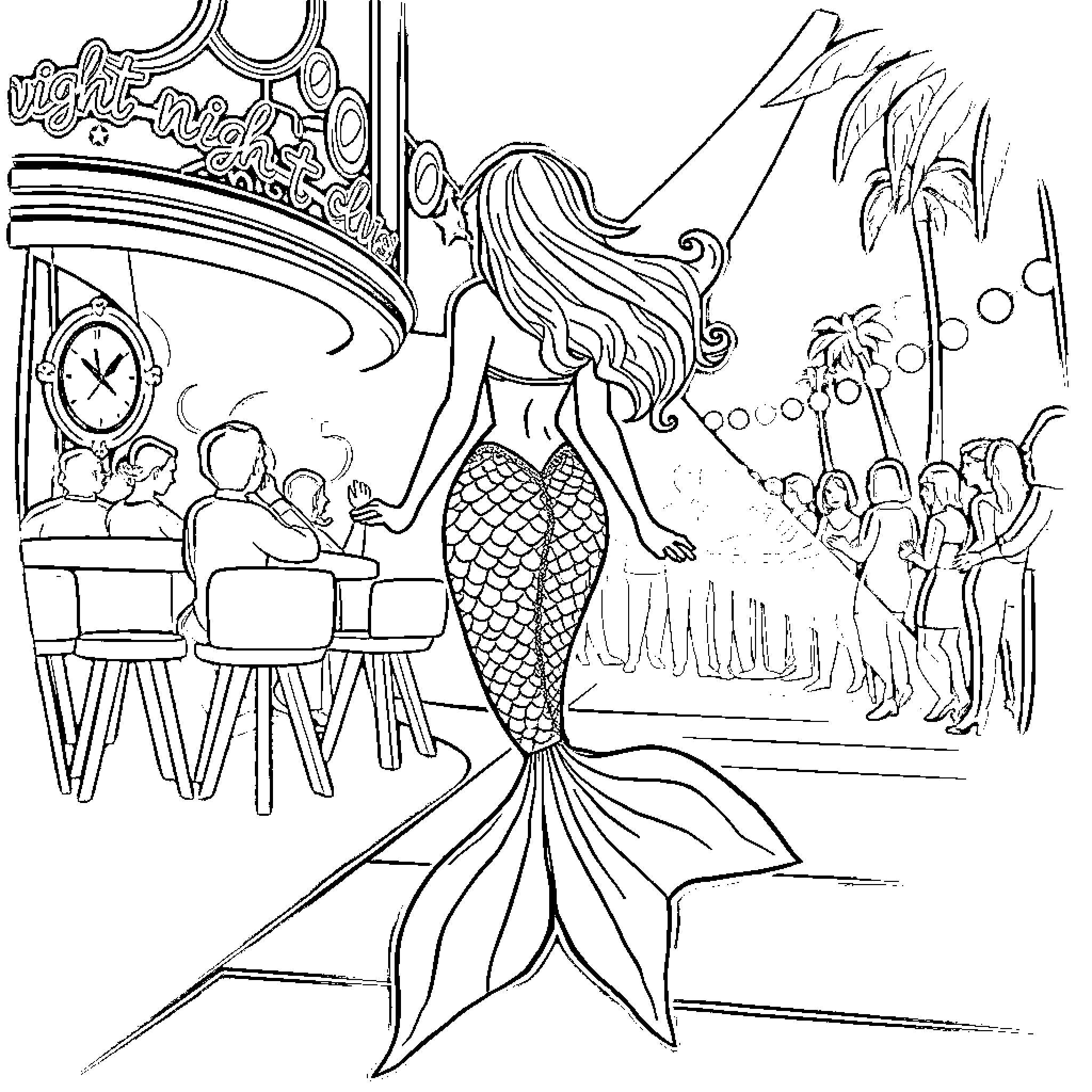 Mermaid performs at an underwater carnival Coloring Page (free black-and-white line drawing printable PDF for all, from beginners to advanced learners, including children, teens, adults, and seniors)