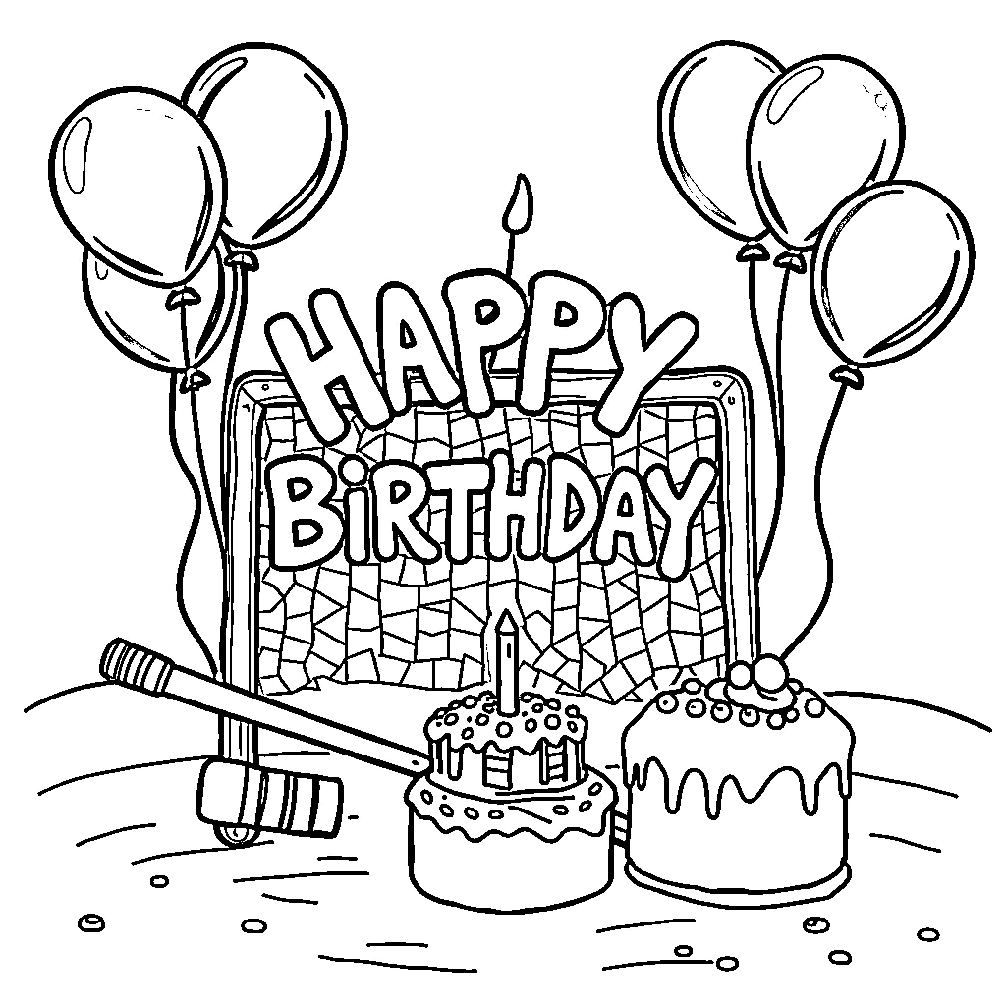 Hockey-themed Happy Birthday Party Celebration Coloring Page (free black-and-white line drawing printable PDF for all, from beginners to advanced learners, including children, teens, adults, and seniors)