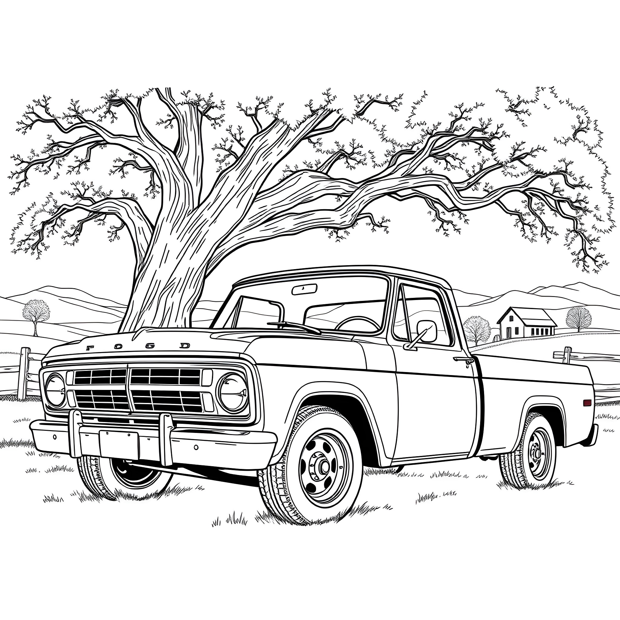 Pickup truck in a countryside landscape Coloring Page (free black-and-white line drawing printable PDF for all, from beginners to advanced learners, including children, teens, adults, and seniors)
