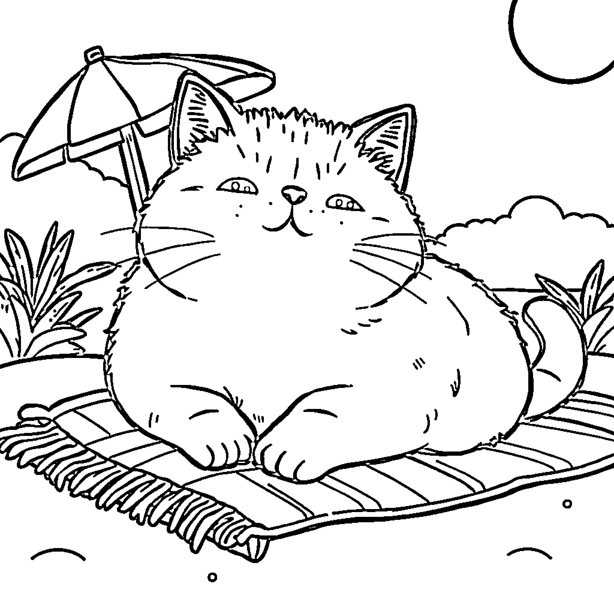 Pusheen relaxing under an umbrella Coloring Page (free black-and-white line drawing printable PDF for all, from beginners to advanced learners, including children, teens, adults, and seniors)